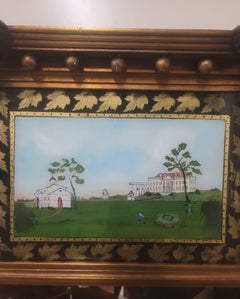 Georgian Style Reverse Painted Glass Historical House Trumeau Mirror