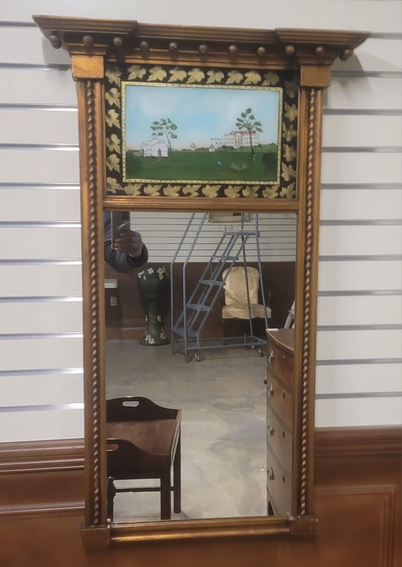 American Georgian Style Reverse Painted Glass Historical House Trumeau Mirror For Sale