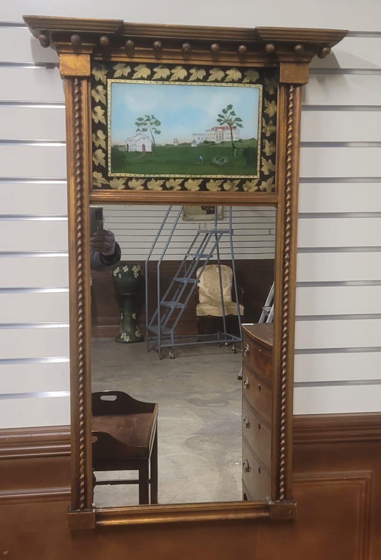 Other Georgian Style Reverse Painted Glass Historical House Trumeau Mirror For Sale