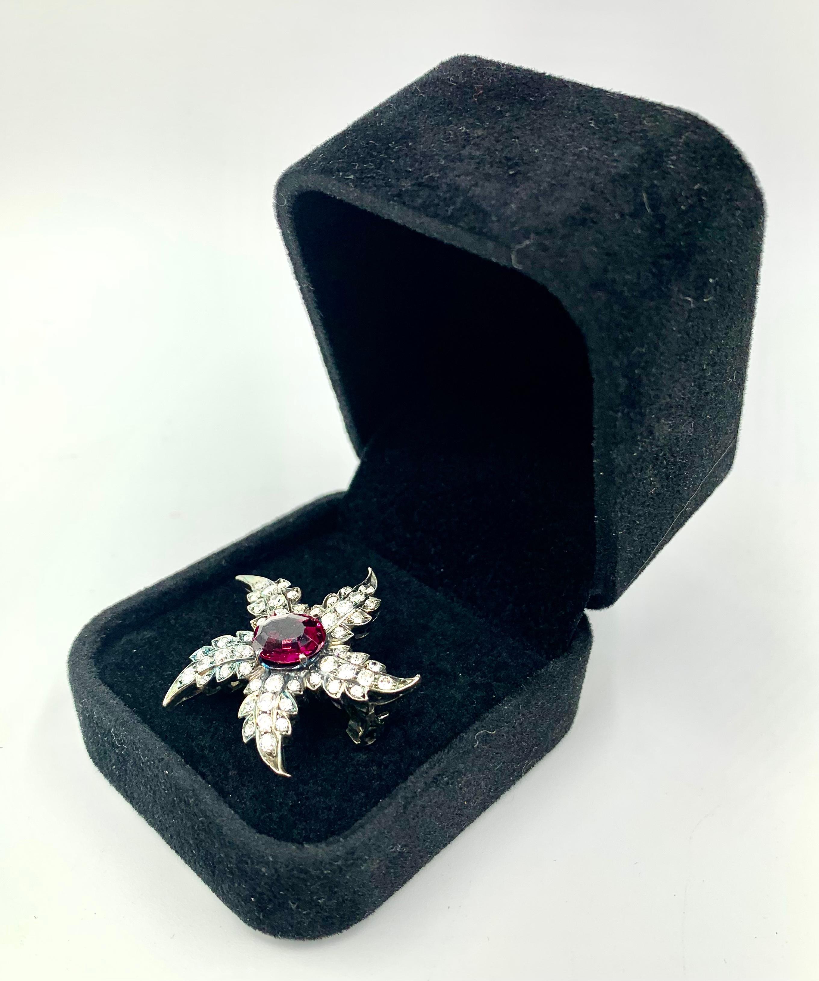 Mixed Cut Georgian Style Rhodolite Garnet Diamond Silver Starfish Pendant Brooch Amulet For Sale