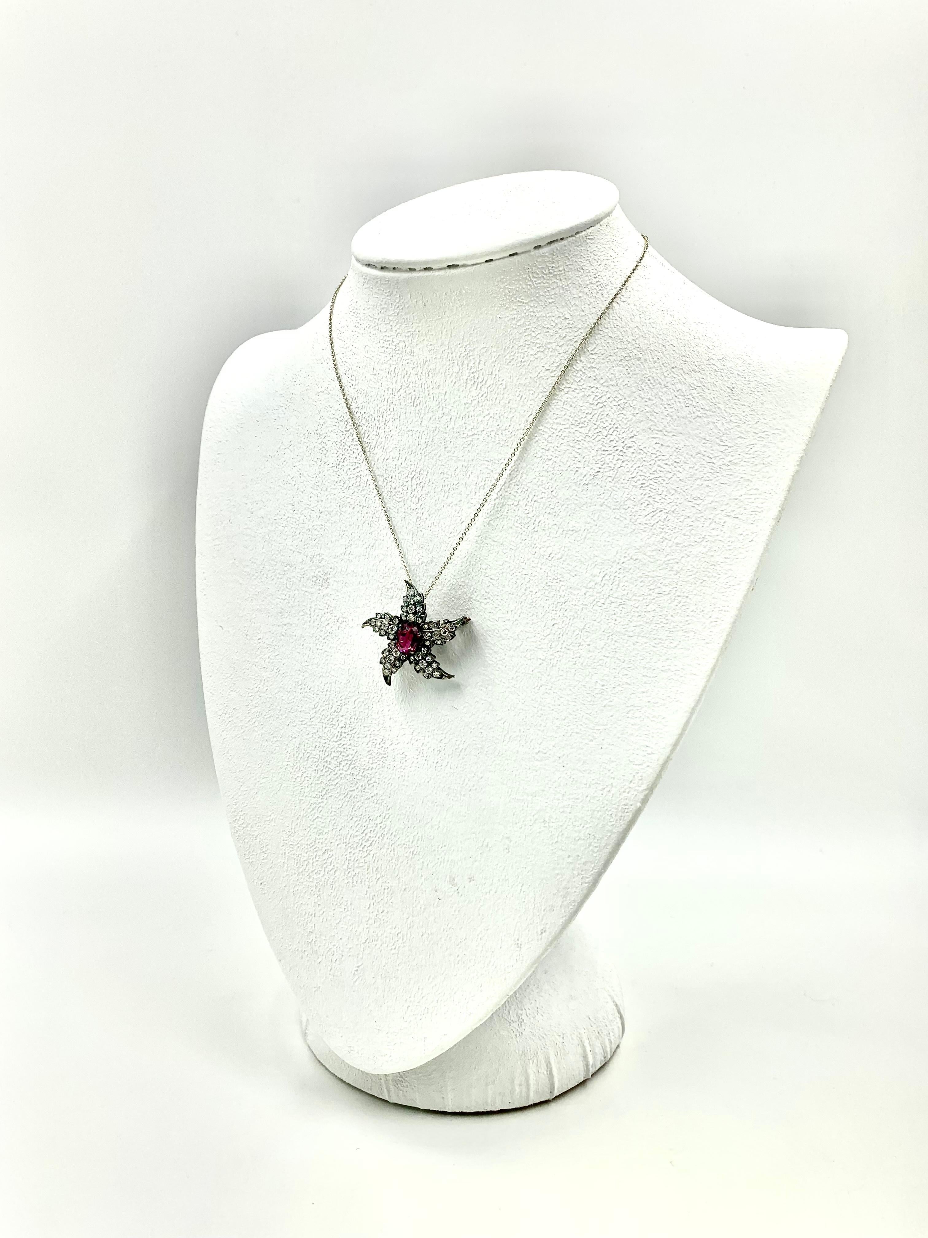 Georgian Style Rhodolite Garnet Diamond Silver Starfish Pendant Brooch Amulet In Good Condition For Sale In New York, NY