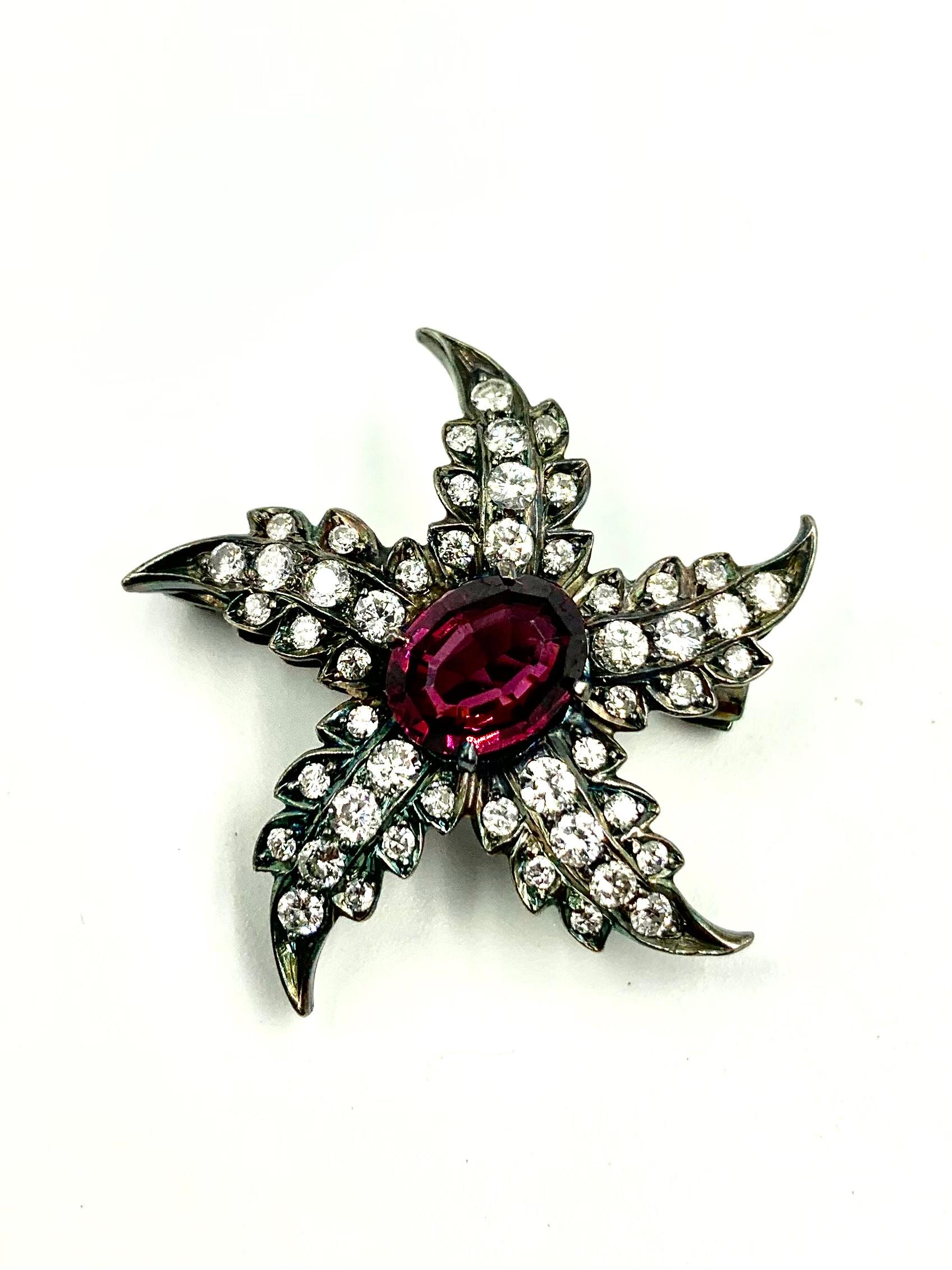 Georgian Style Rhodolite Garnet Diamond Silver Starfish Pendant Brooch Amulet For Sale 1