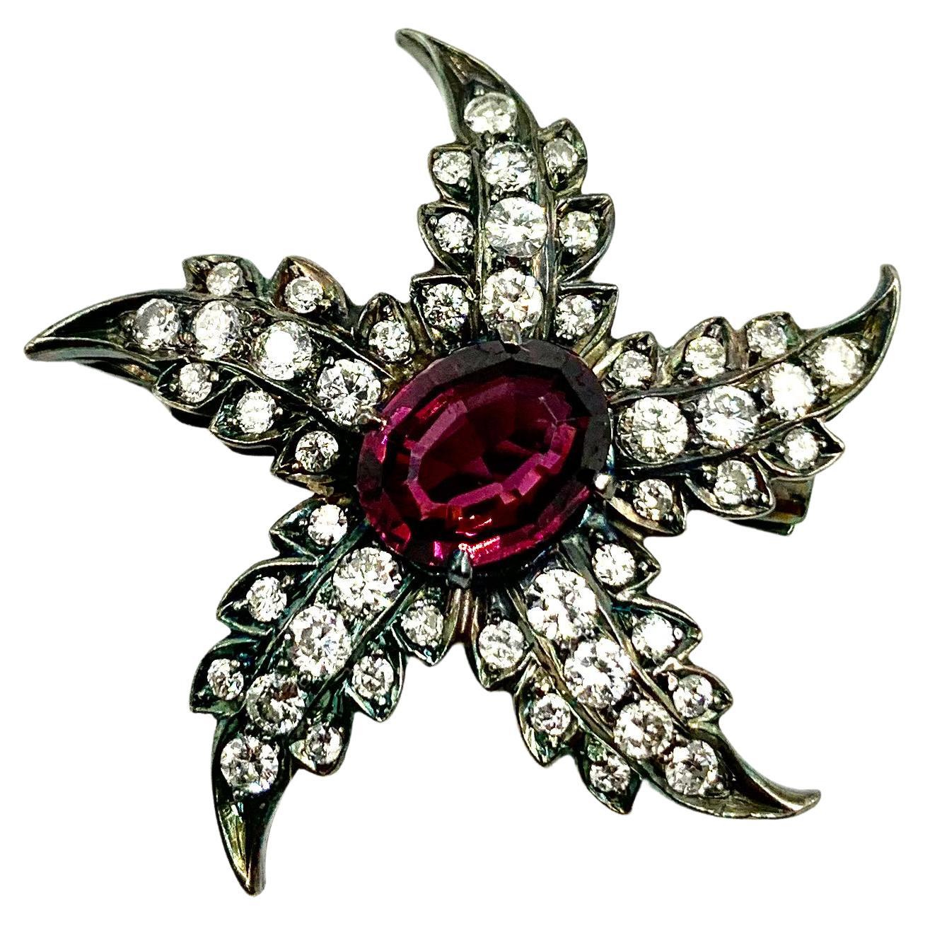 Georgian Style Rhodolite Garnet Diamond Silver Starfish Pendant Brooch Amulet For Sale