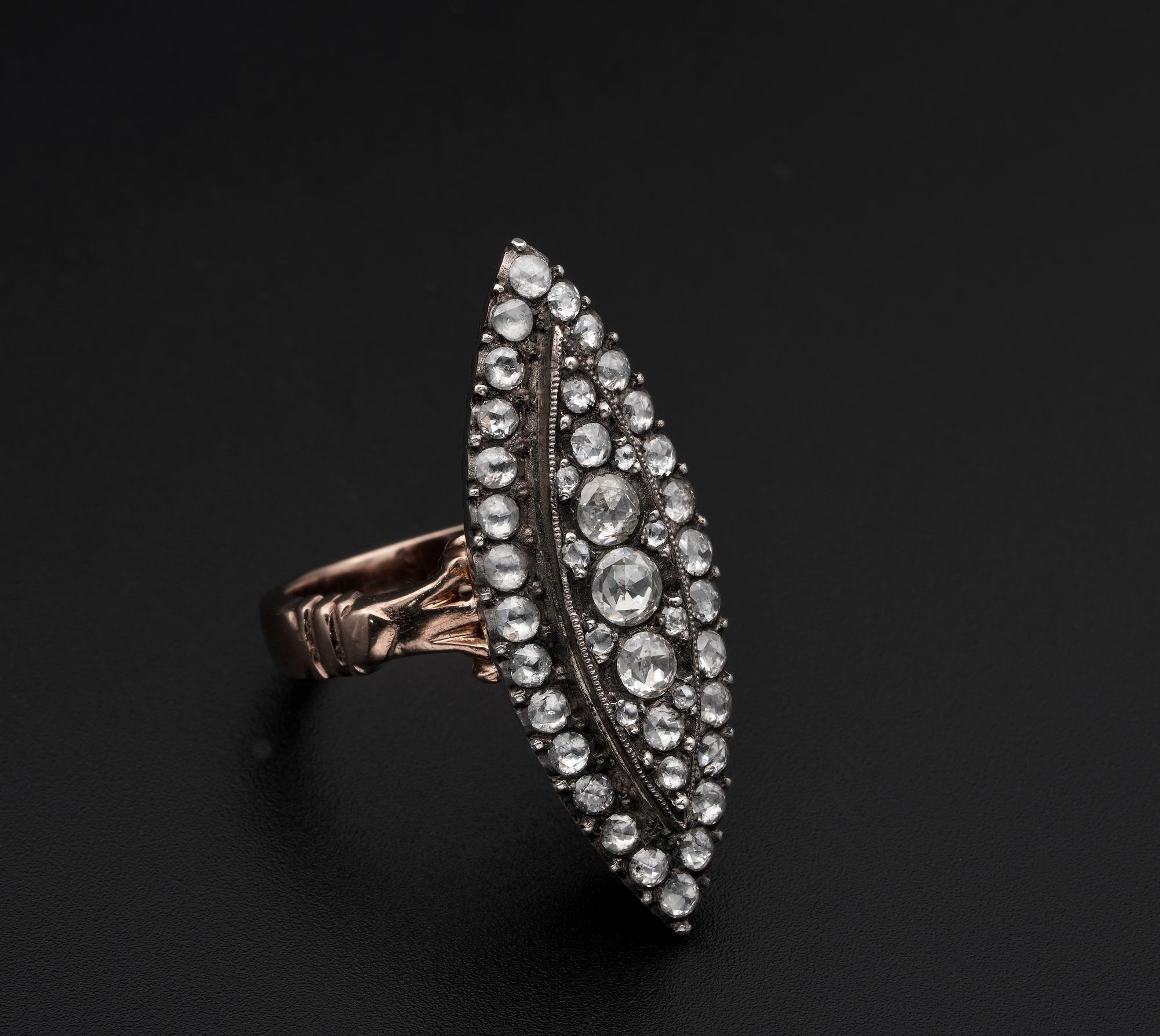 Navette-Ring im georgianischen Stil mit Diamant im Rosenschliff 18 KT/Silber im Zustand „Gut“ in Napoli, IT