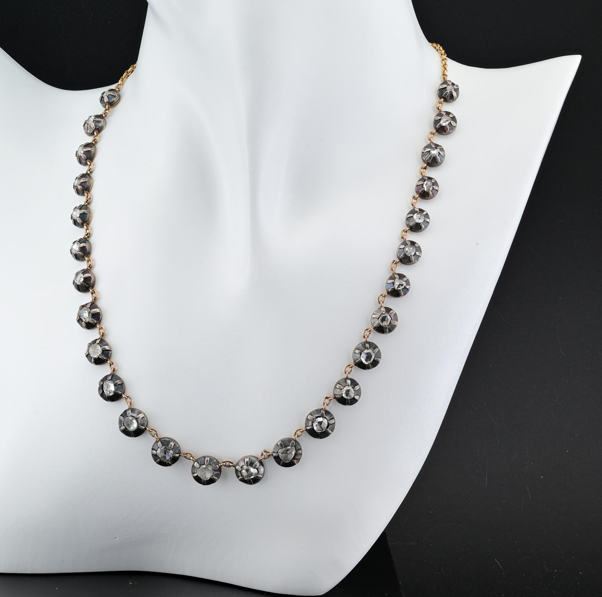 This outstanding Georgian Style necklace has been hand crafted of solid 18 KT gold and silver
A full line of  Rose cut Diamonds set in the Georgian manner graduated in size from bigger standing in the middle point chasing down in sizes
There are 26