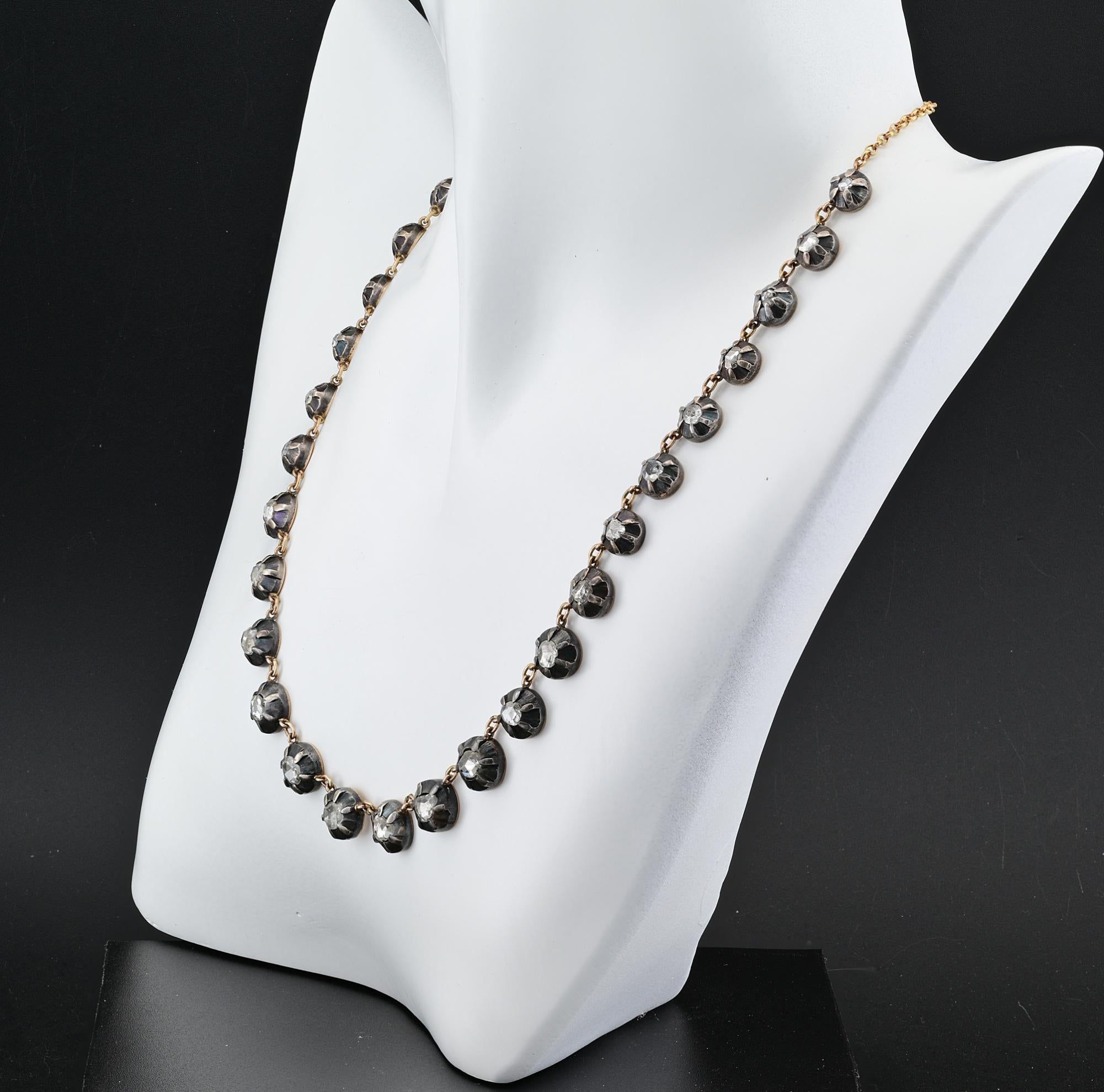 Georgian Style Rose Cut Riviere Necklace 18 KT Gold/Silver In Good Condition For Sale In Napoli, IT