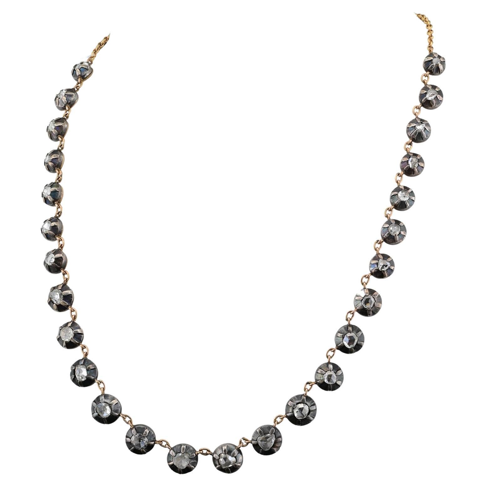 Georgian Style Rose Cut Riviere Necklace 18 KT Gold/Silver For Sale