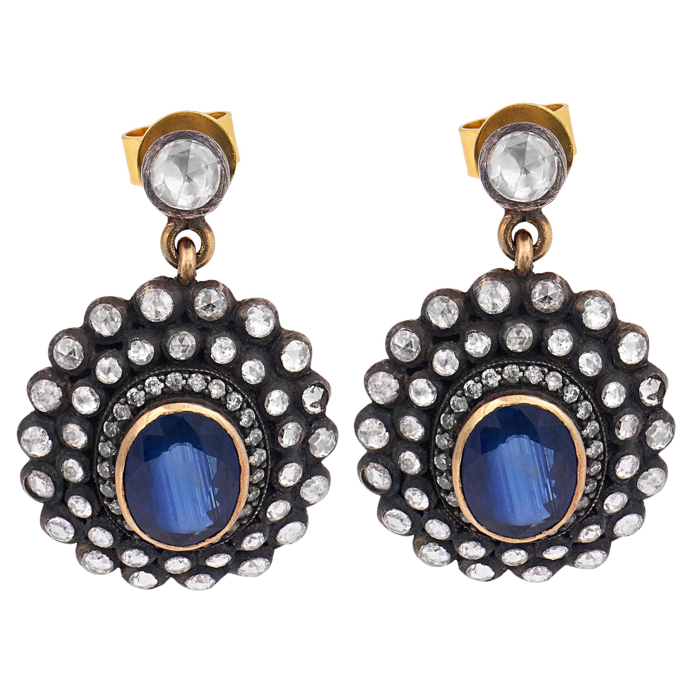 Georgian style sapphire rose cut diamond 18k gold earrings