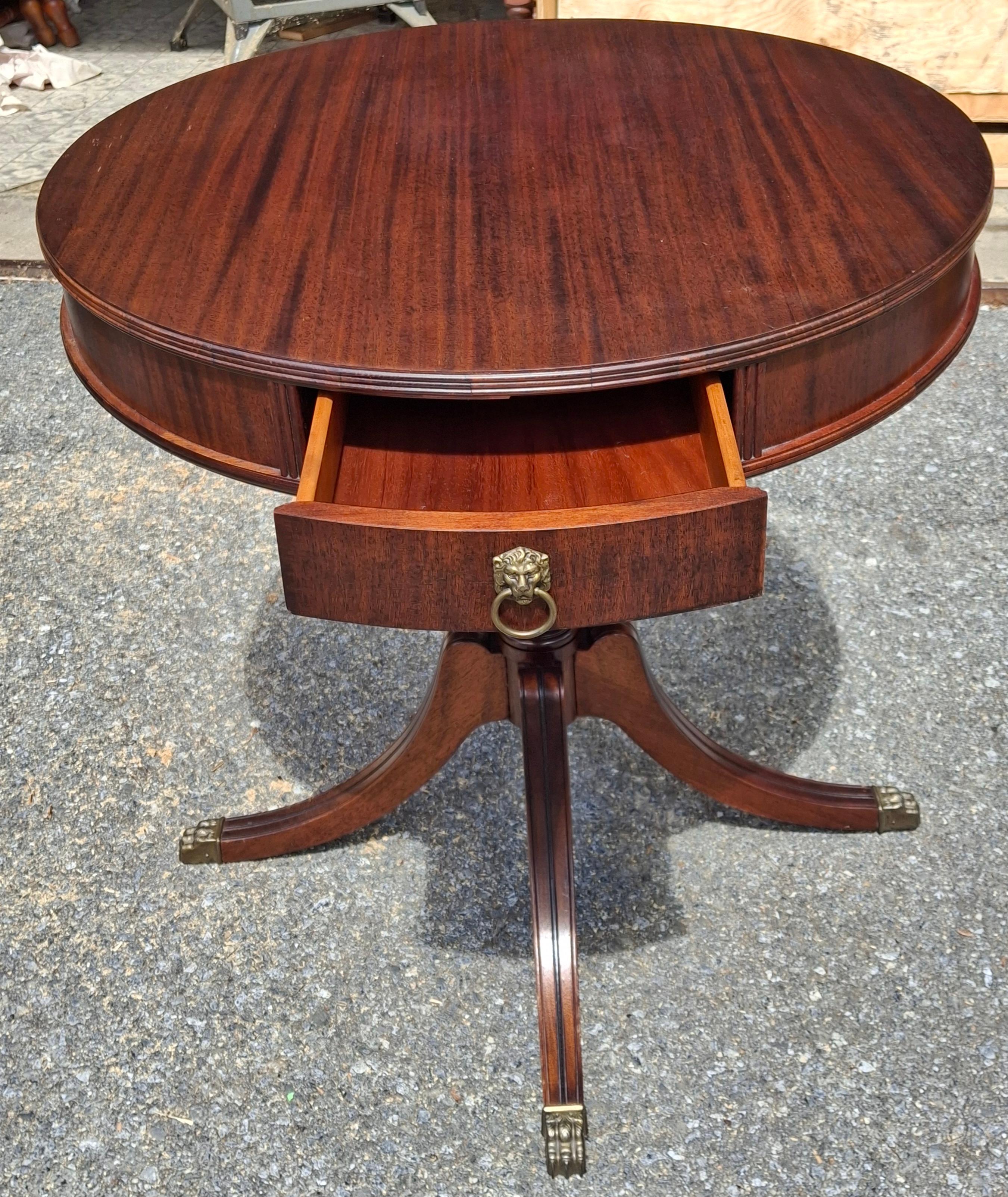 American Georgian Style Satin Mahogany Single-Drawer Drum Table, Refinished For Sale