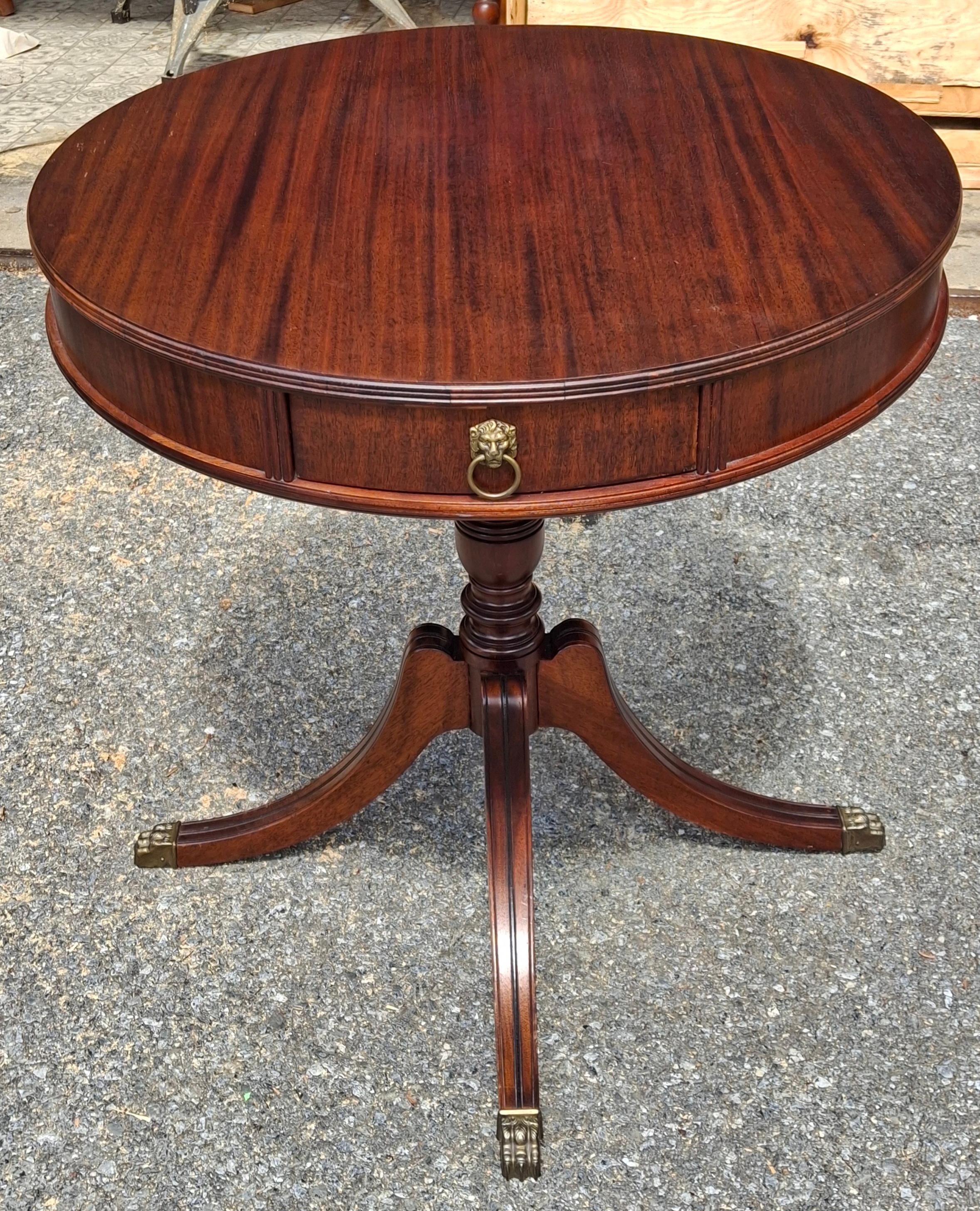 Carved Georgian Style Satin Mahogany Single-Drawer Drum Table, Refinished For Sale