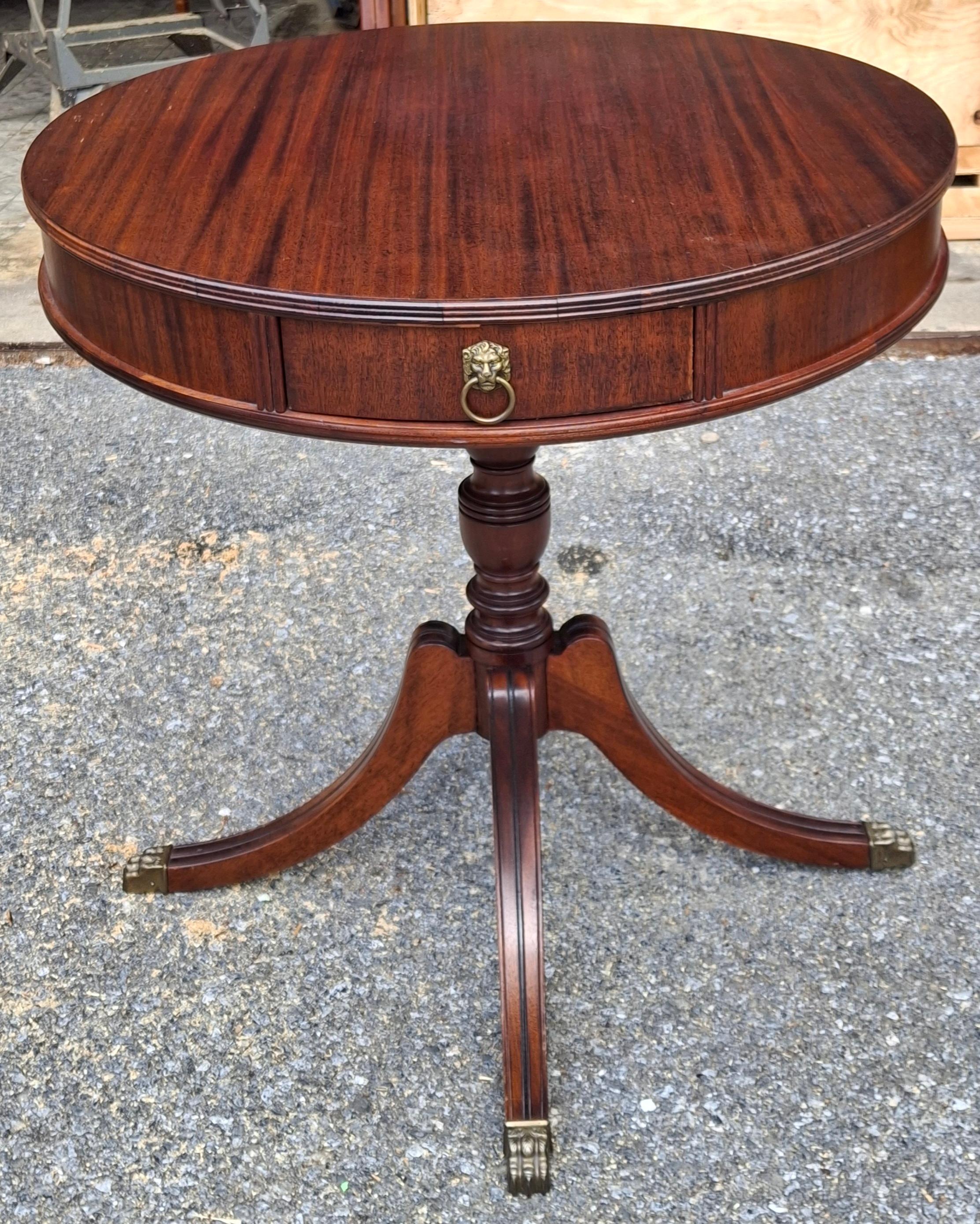 Brass Georgian Style Satin Mahogany Single-Drawer Drum Table, Refinished For Sale