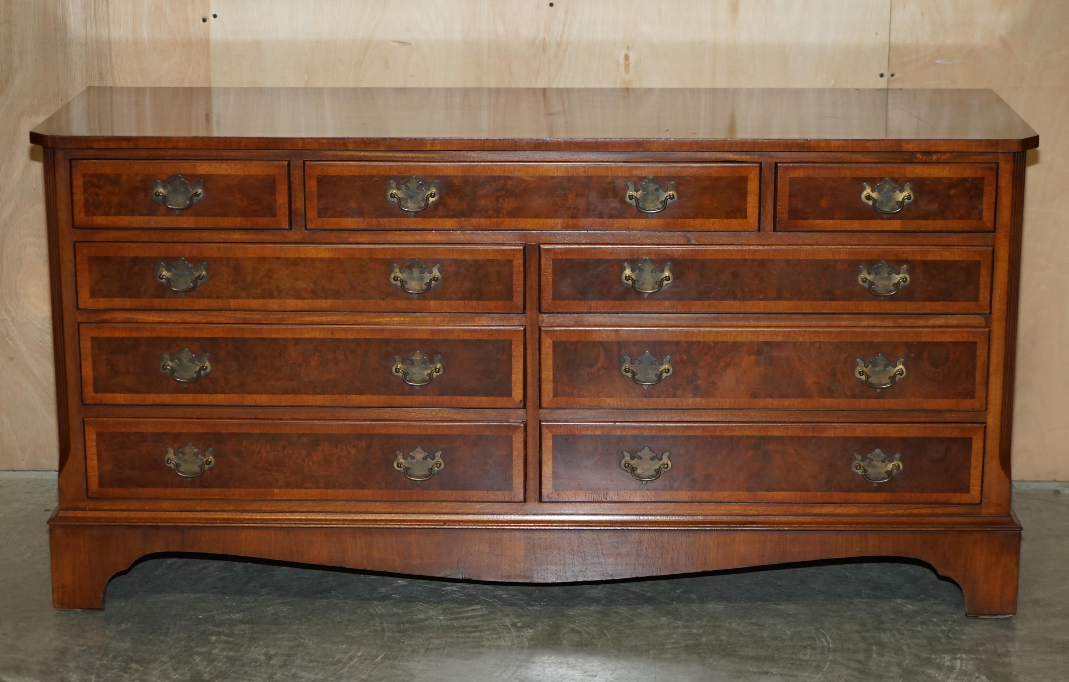 We are delighted to offer for sale this exquisite vintage quarter cut Burr & Burl walnut sideboard sized chest of drawers with stunning timber patina 

A very good looking and well made piece, this is basically art furniture, the grain of timber