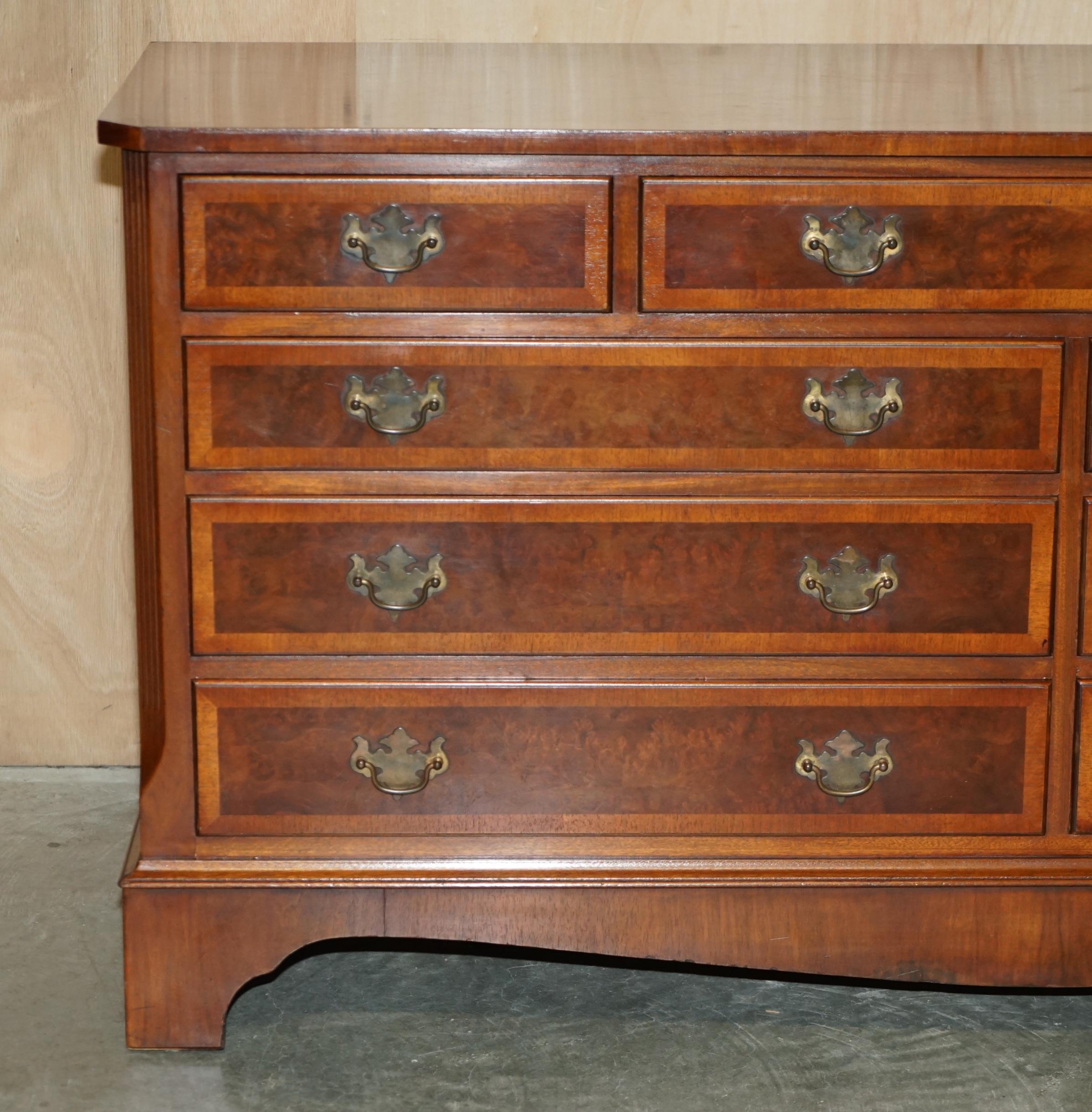 English Georgian Style Sideboard Sized Bank or Chest of Drawers in Burr & Burl Walnut For Sale