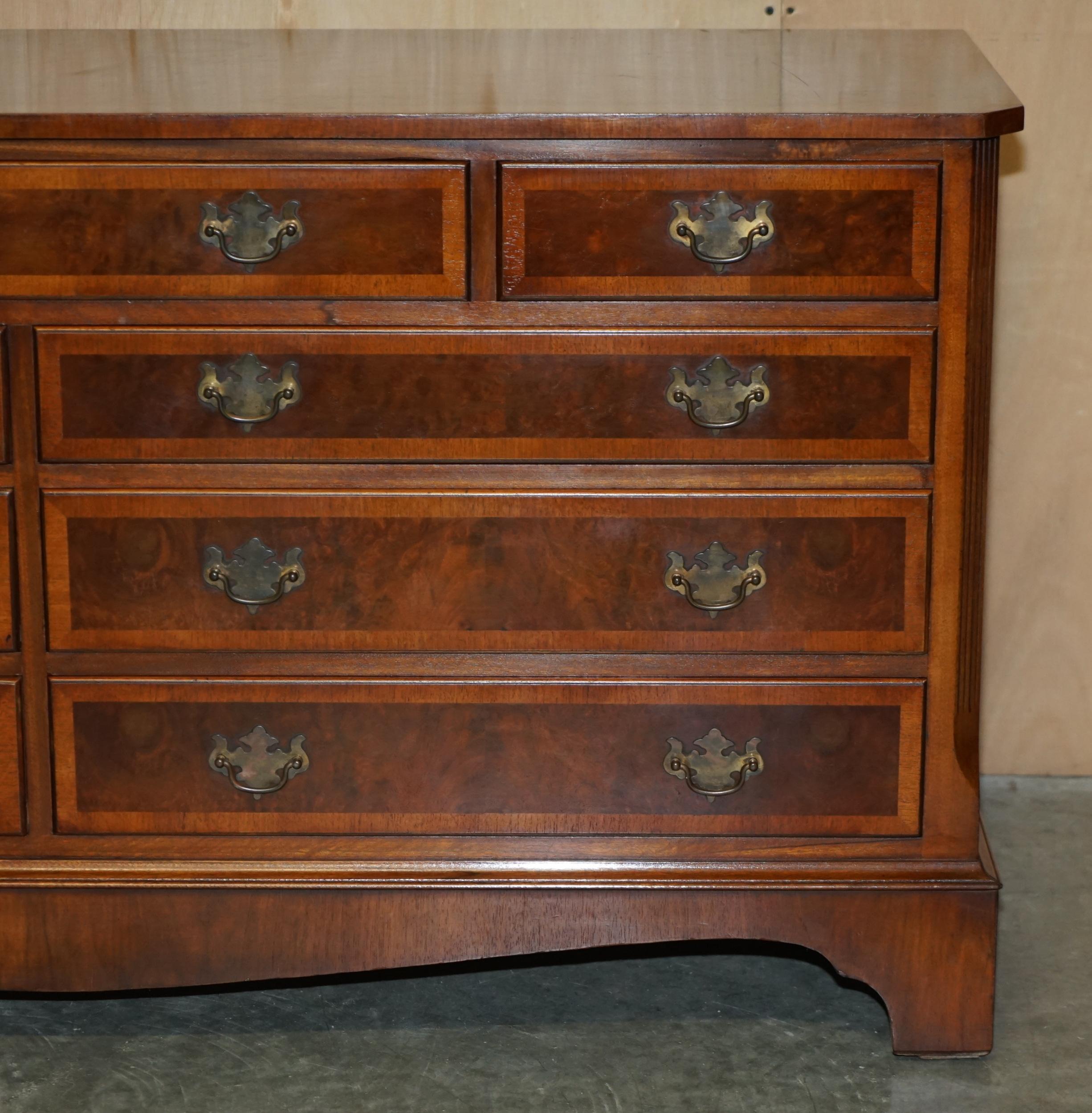 Hand-Crafted Georgian Style Sideboard Sized Bank or Chest of Drawers in Burr & Burl Walnut For Sale