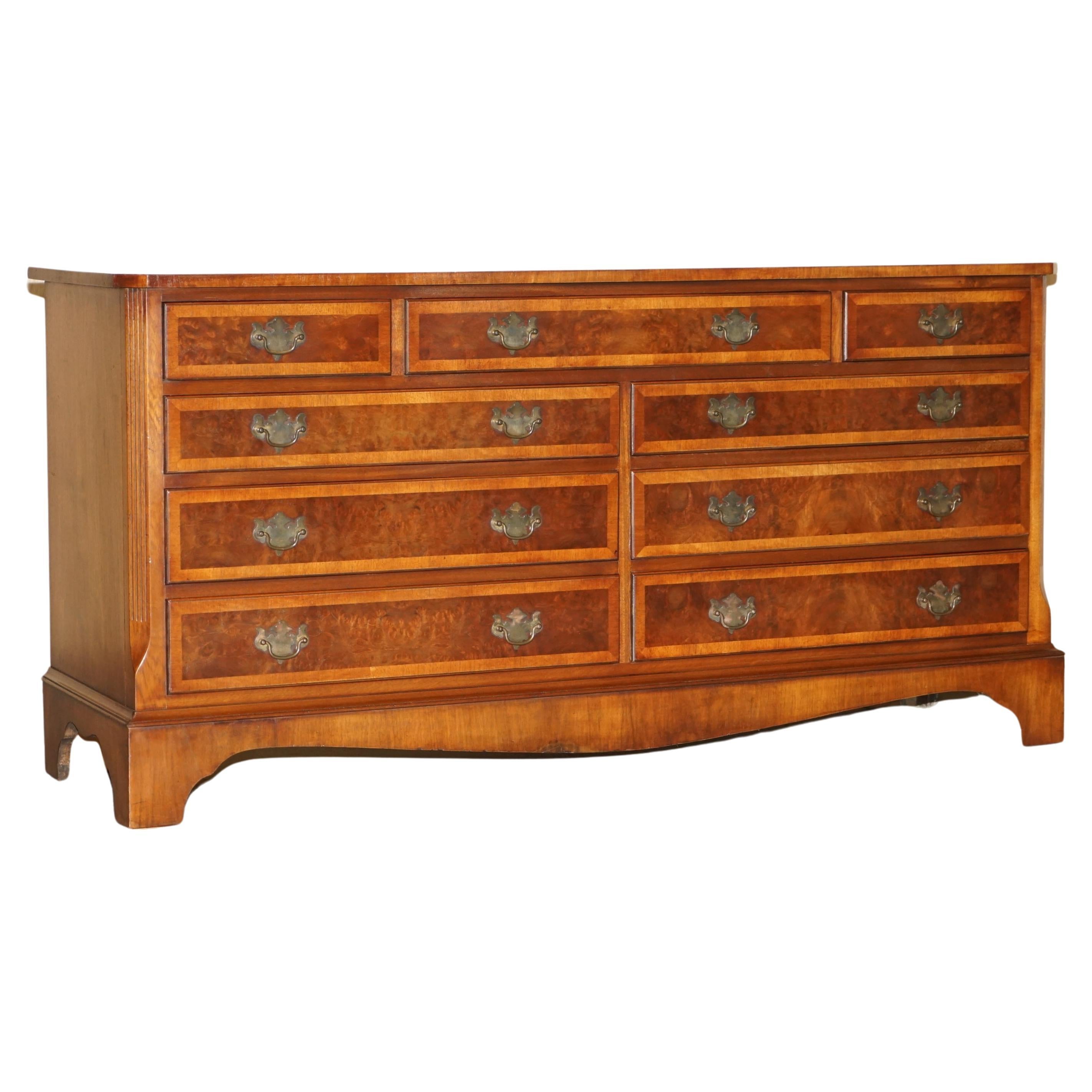 Georgian Style Sideboard Sized Bank or Chest of Drawers in Burr & Burl Walnut For Sale