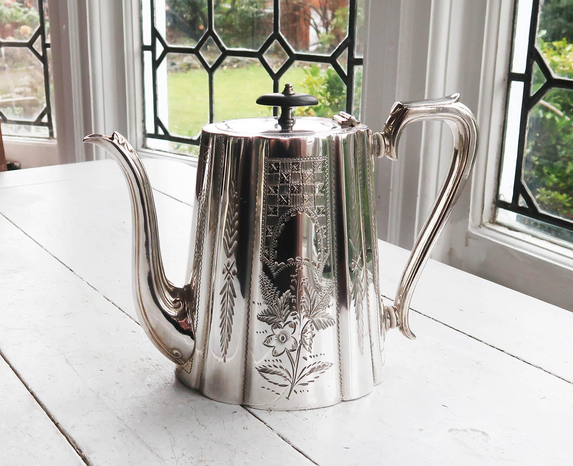 Very attractive silver plated coffee pot

Silver plate on Britannia metal. Finely chased or engraved.

No makers mark. Just numbers on the underside

Good condition.No rubbing to the original silver plate. 







