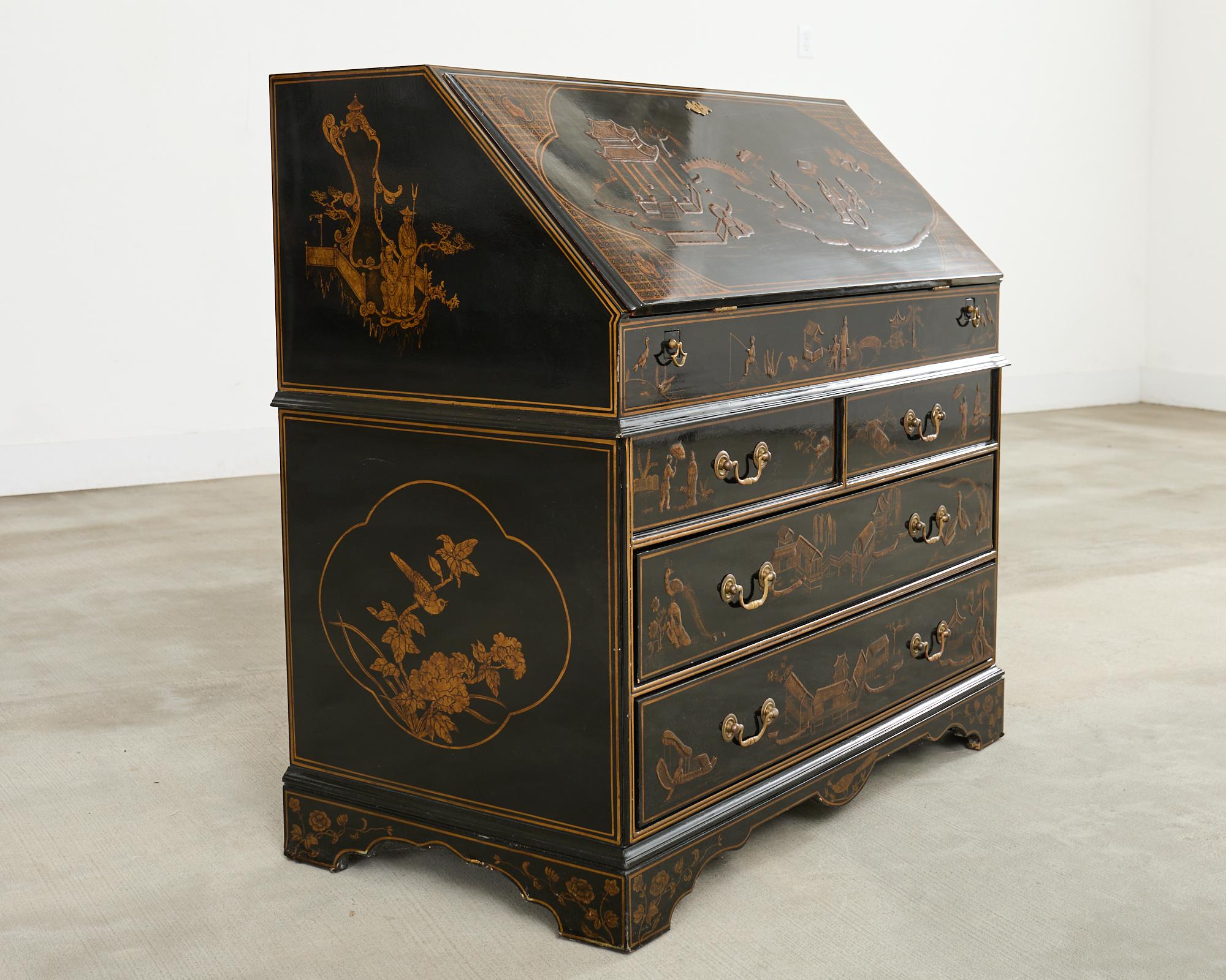 Georgian Style Slant Drop Front Chinoiserie Lacquered Secretary For Sale 6