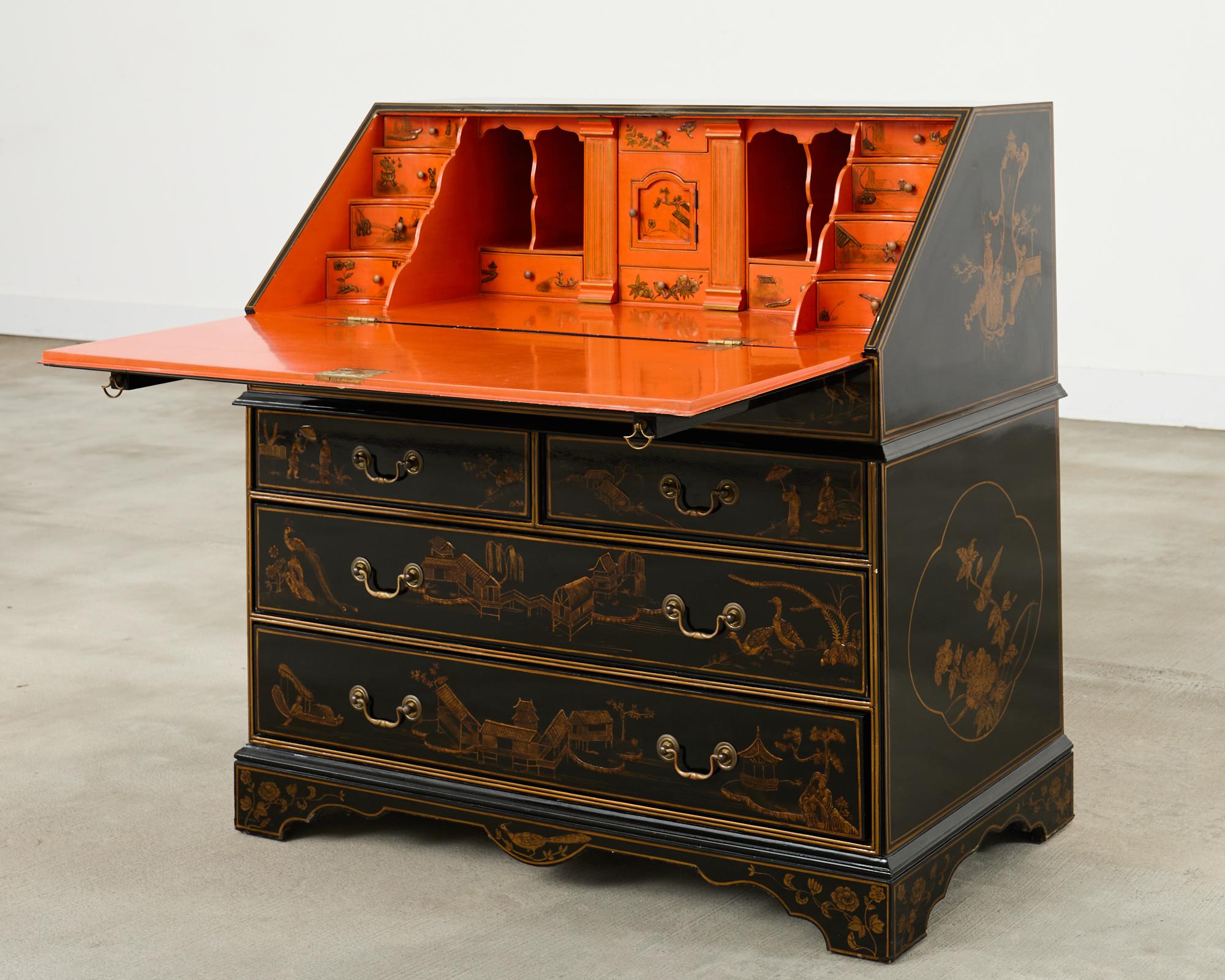 Georgian Style Slant Drop Front Chinoiserie Lacquered Secretary For Sale 7