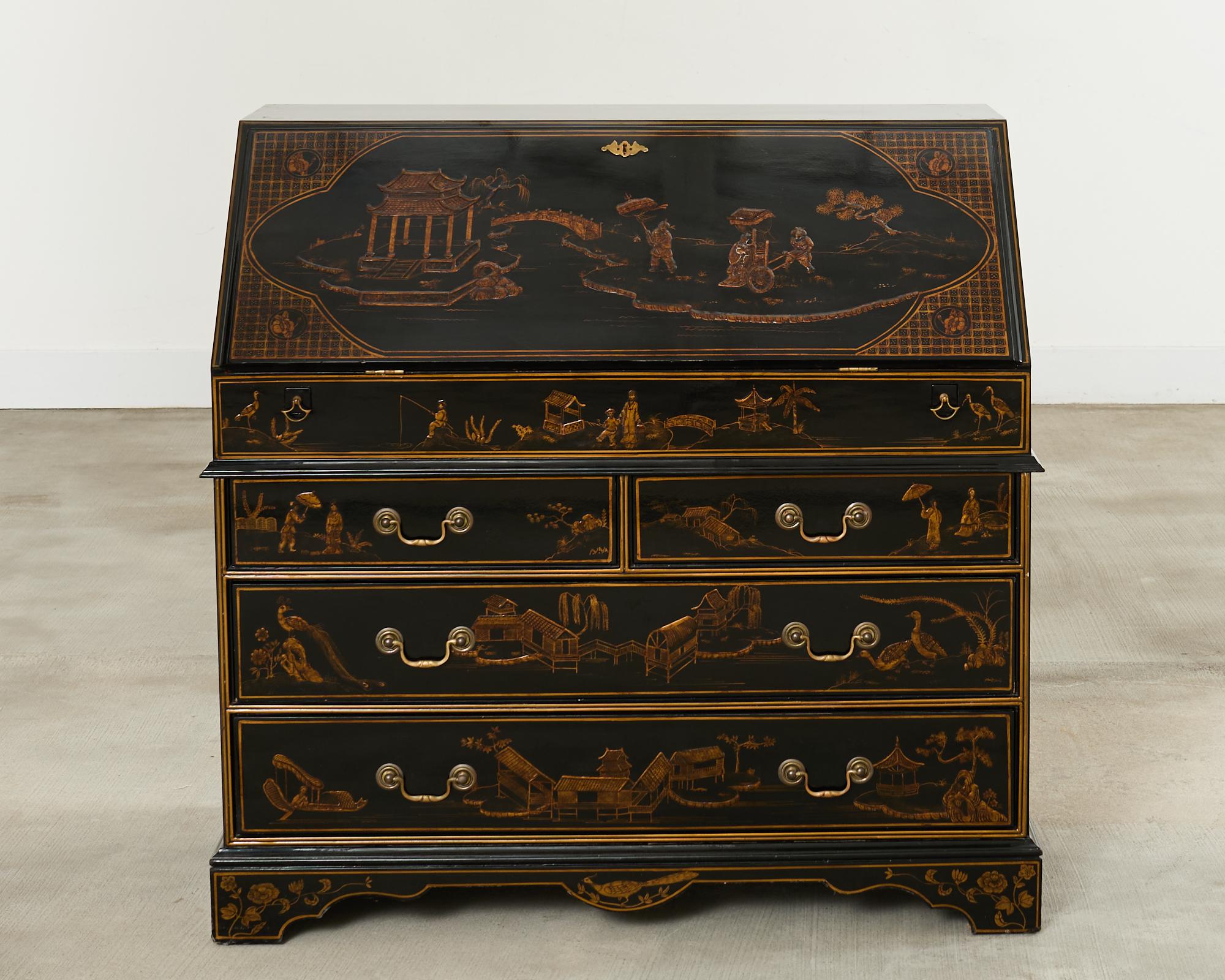 Georgian Style Slant Drop Front Chinoiserie Lacquered Secretary In Good Condition For Sale In Rio Vista, CA