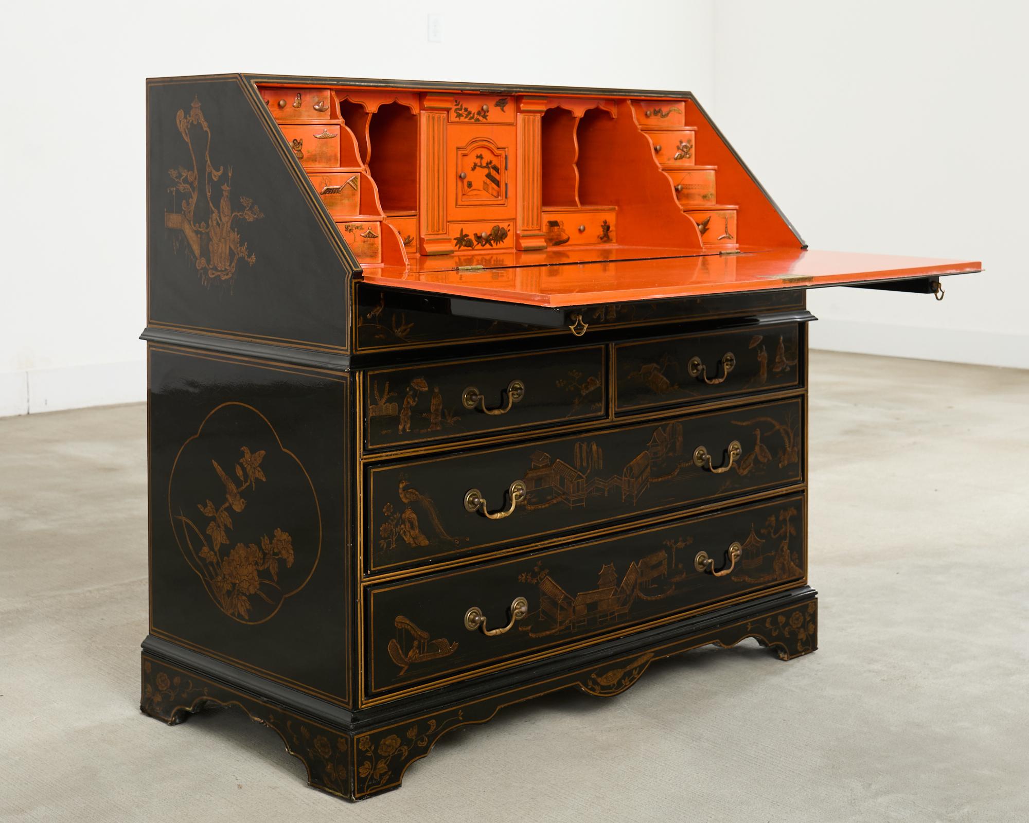20th Century Georgian Style Slant Drop Front Chinoiserie Lacquered Secretary For Sale