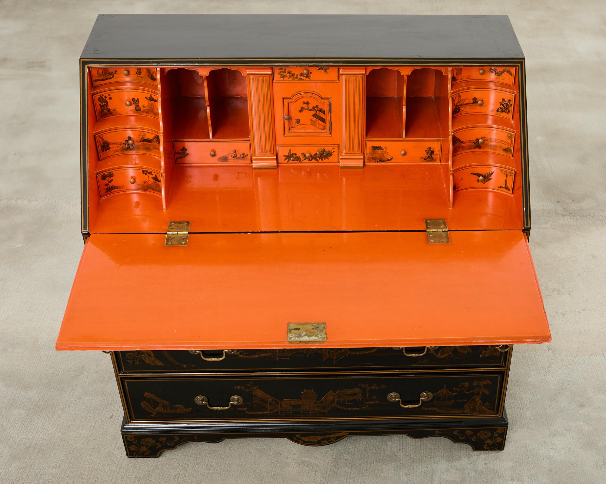 Brass Georgian Style Slant Drop Front Chinoiserie Lacquered Secretary For Sale