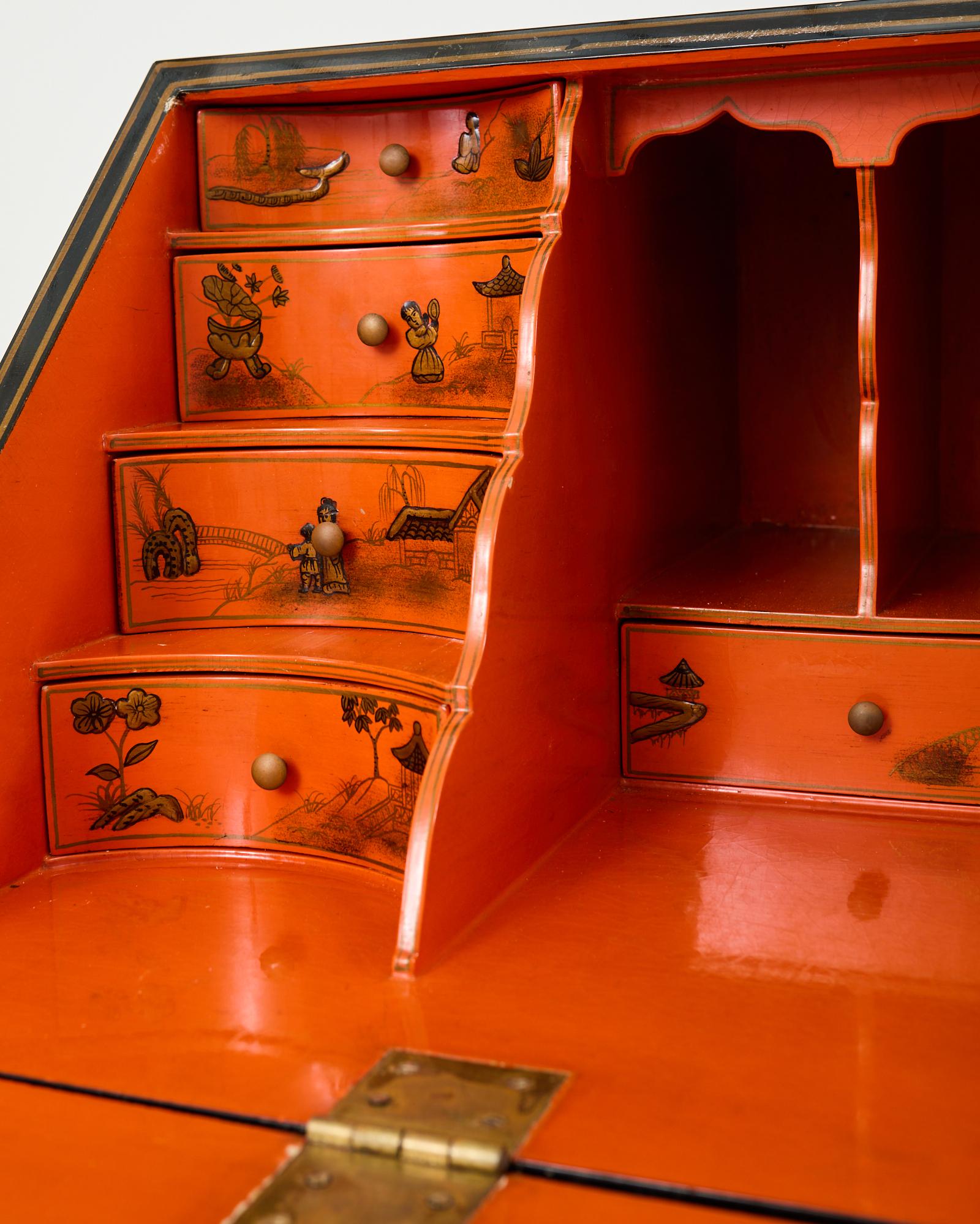 Georgian Style Slant Drop Front Chinoiserie Lacquered Secretary For Sale 2