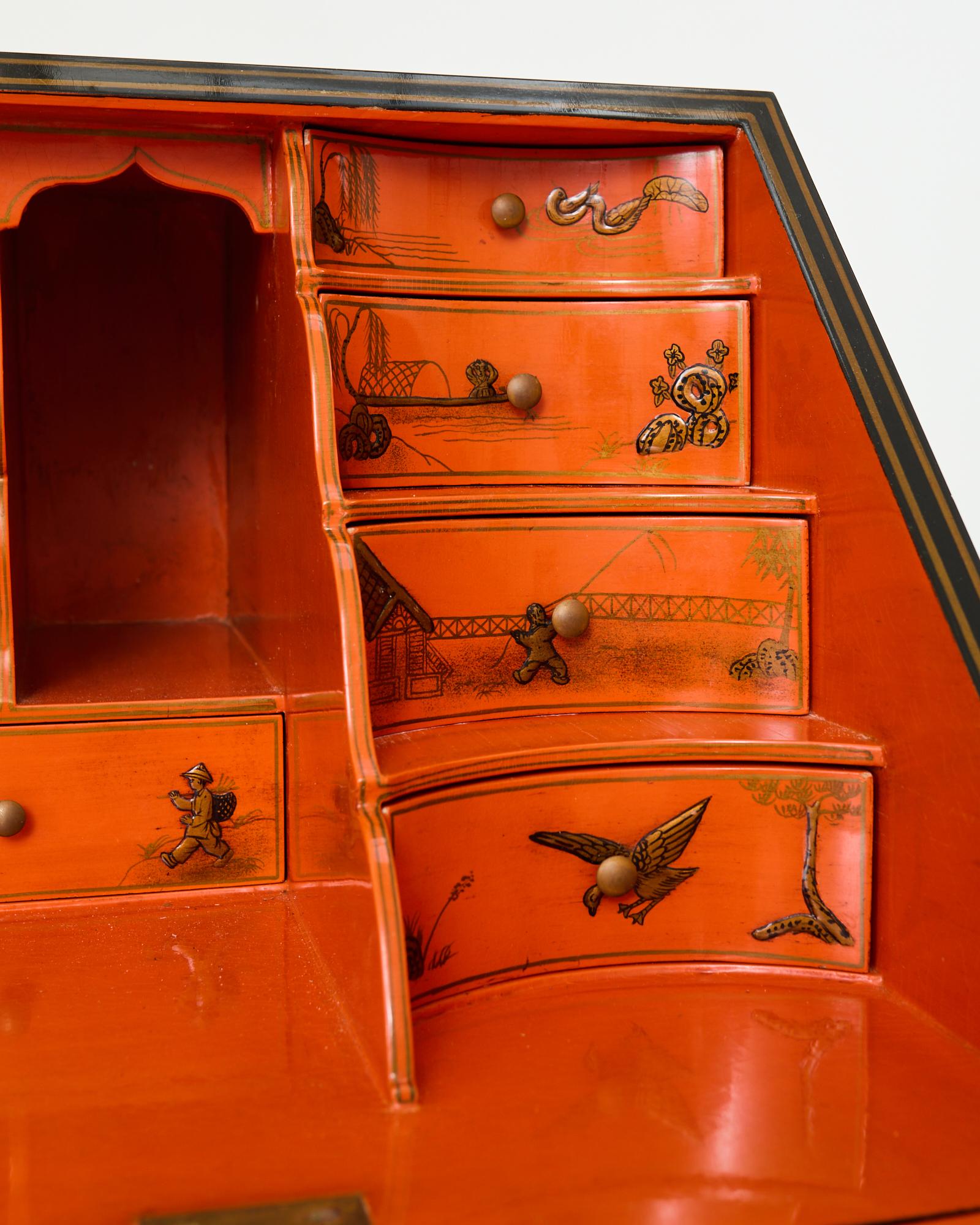 Georgian Style Slant Drop Front Chinoiserie Lacquered Secretary For Sale 3