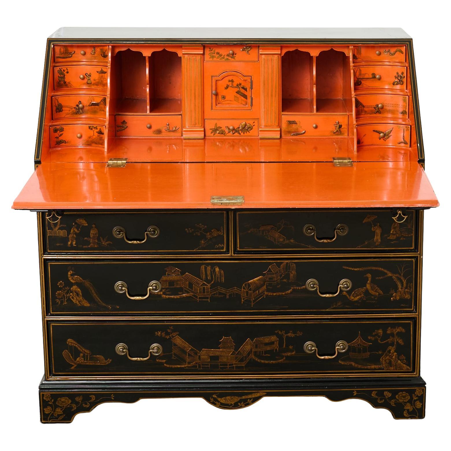 Georgian Style Slant Drop Front Chinoiserie Lacquered Secretary For Sale