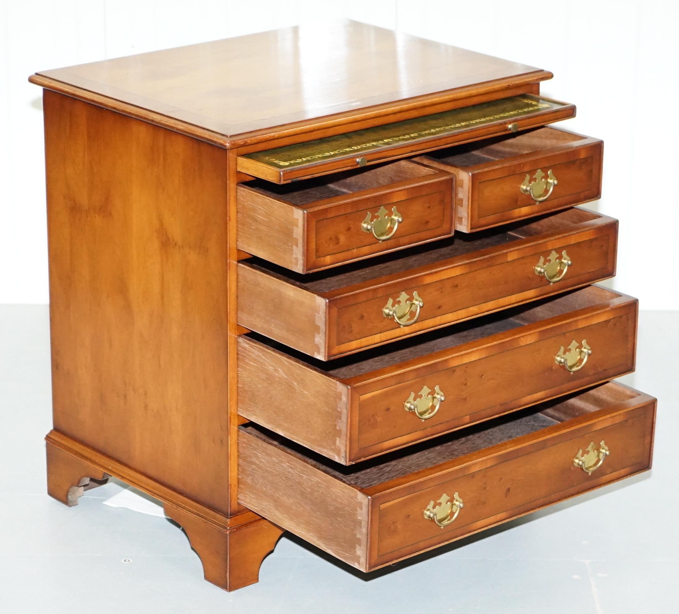 Georgian Style Small Chest of Drawers Burr Yew Wood Green Leather Butlers Tray 7