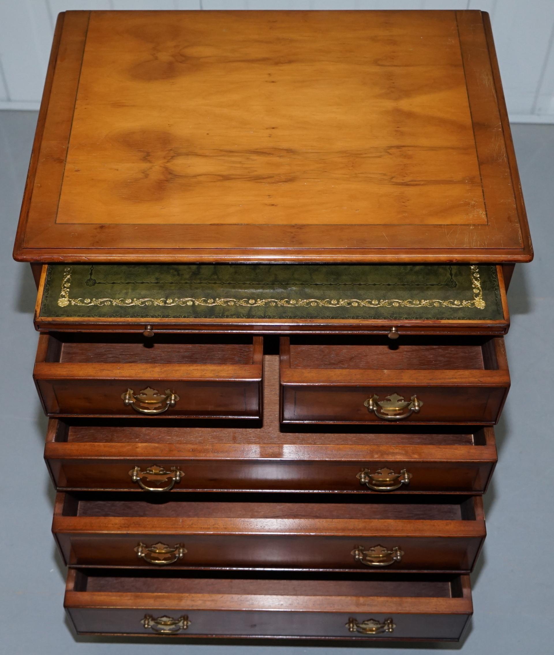 Georgian Style Small Chest of Drawers Burr Yew Wood Green Leather Butlers Tray 8