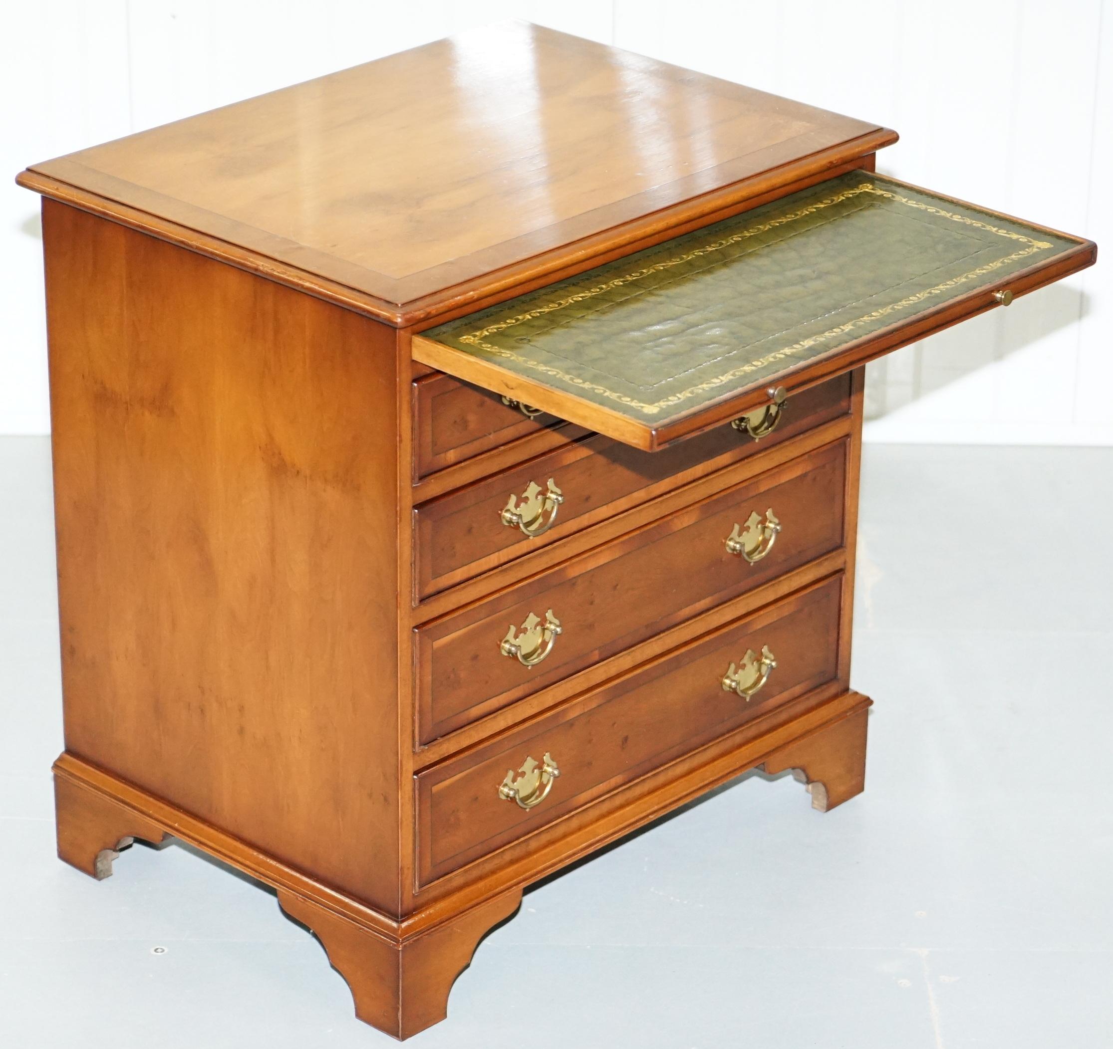 Georgian Style Small Chest of Drawers Burr Yew Wood Green Leather Butlers Tray 12