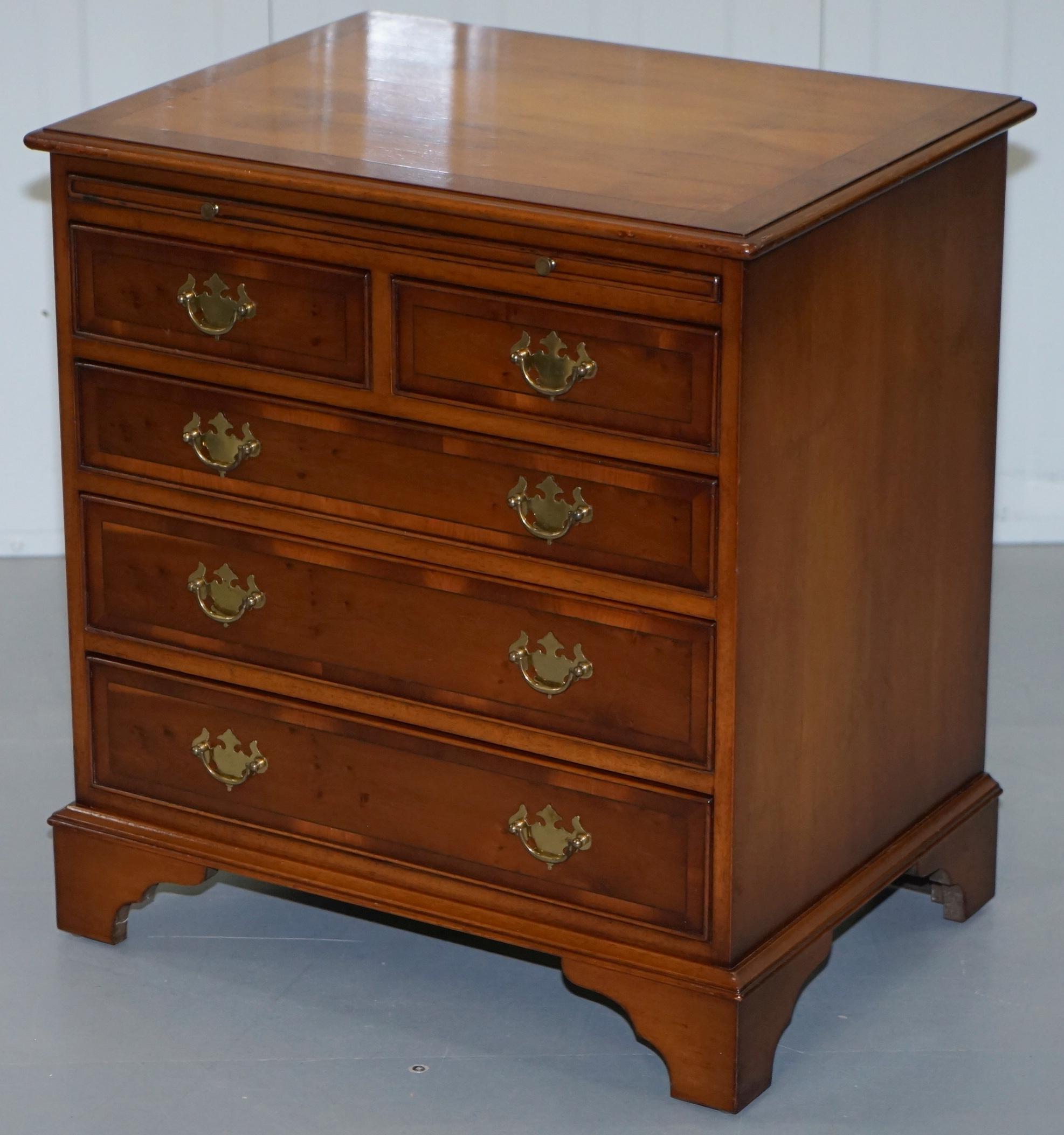 English Georgian Style Small Chest of Drawers Burr Yew Wood Green Leather Butlers Tray