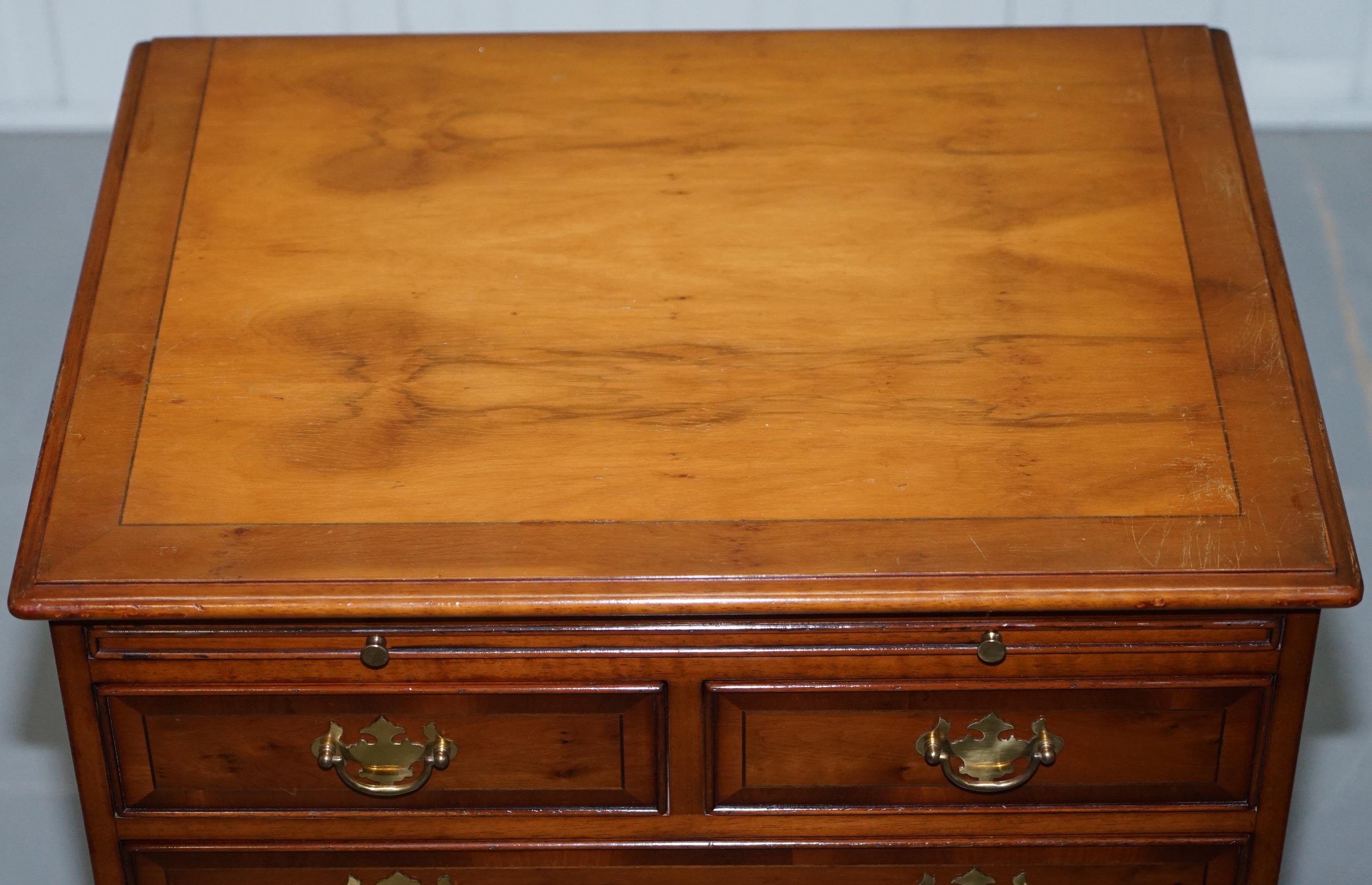 Hand-Carved Georgian Style Small Chest of Drawers Burr Yew Wood Green Leather Butlers Tray