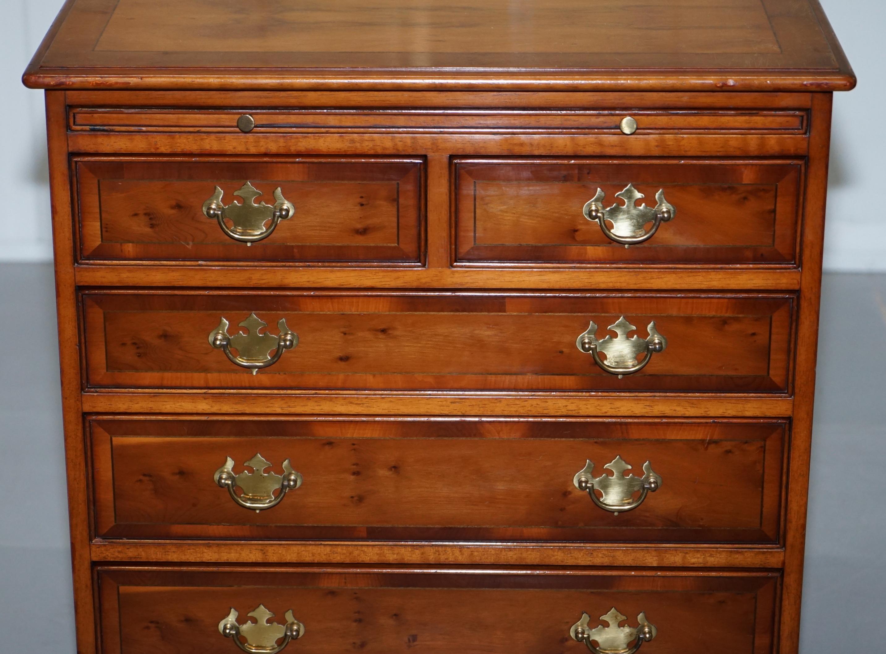 Georgian Style Small Chest of Drawers Burr Yew Wood Green Leather Butlers Tray 1