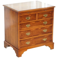 Georgian Style Small Chest of Drawers Burr Yew Wood Green Leather Butlers Tray