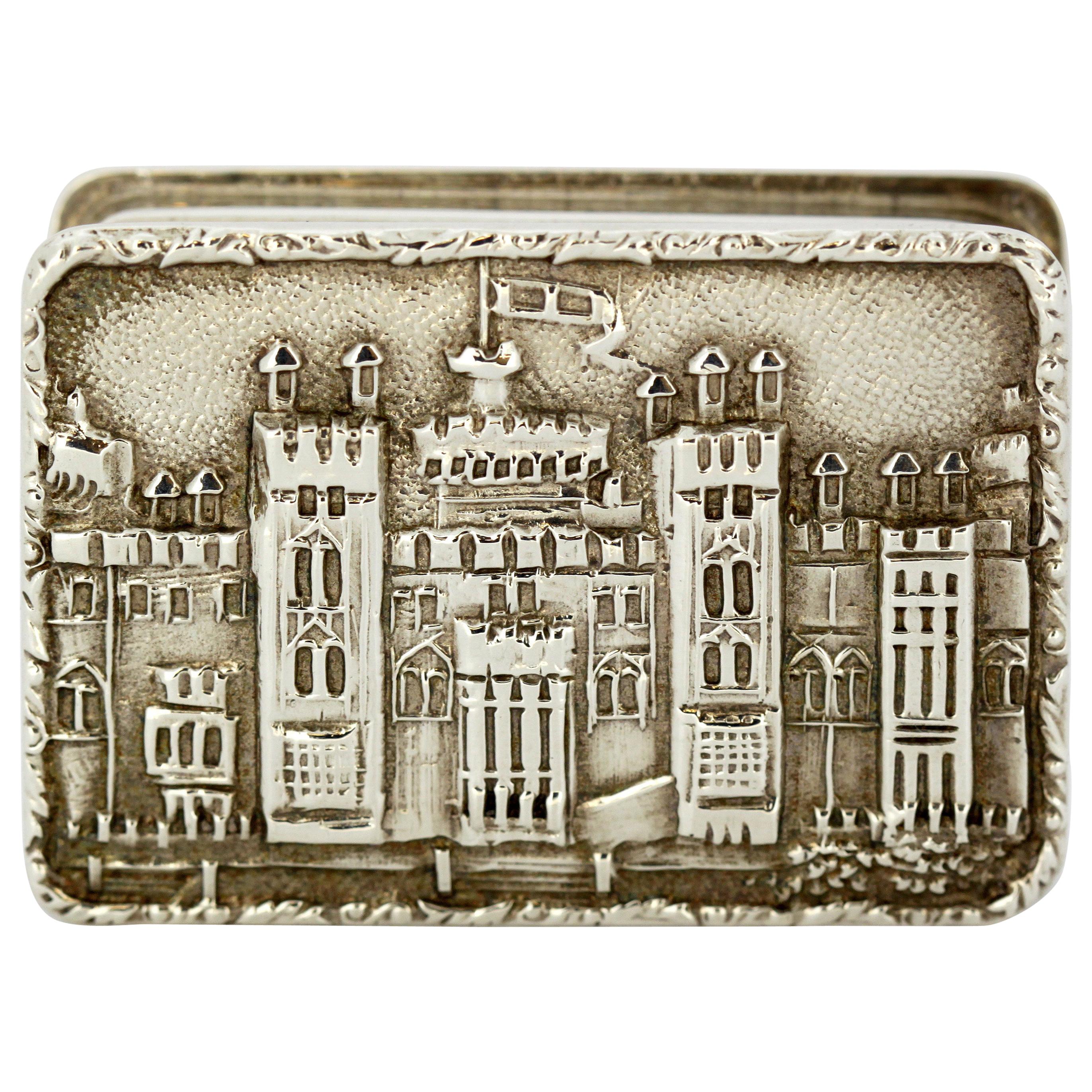 Georgian Style Sterling Silver Snuff / Pill Box with Castle Engraving
