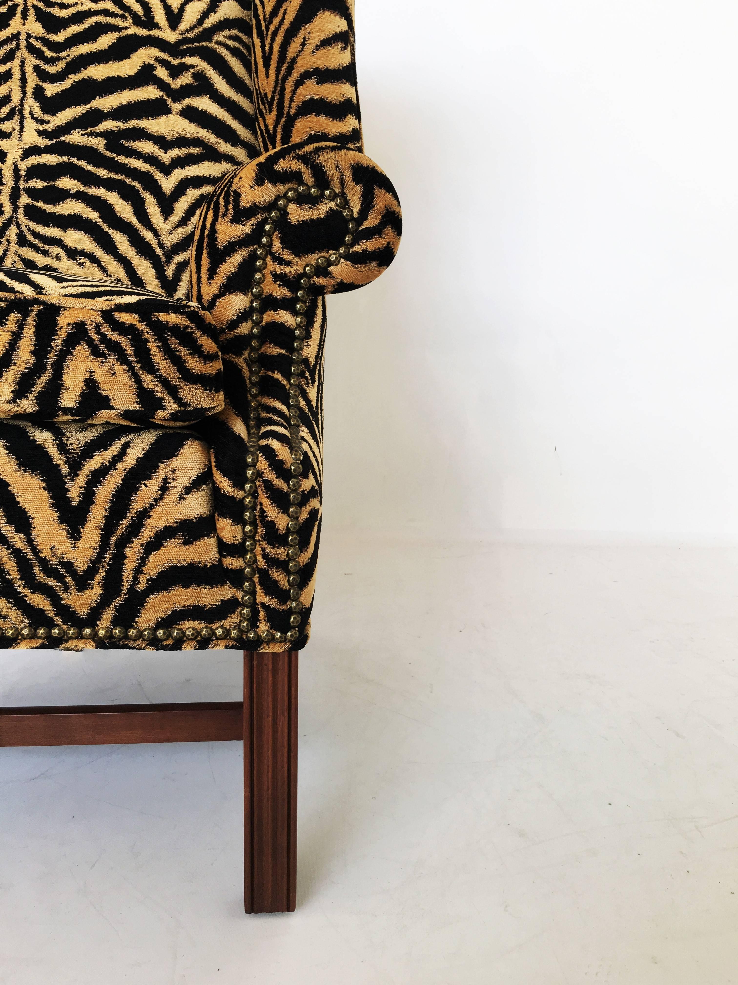 Georgian Style Tiger Print Upholstered Wingback Chair For Sale 5