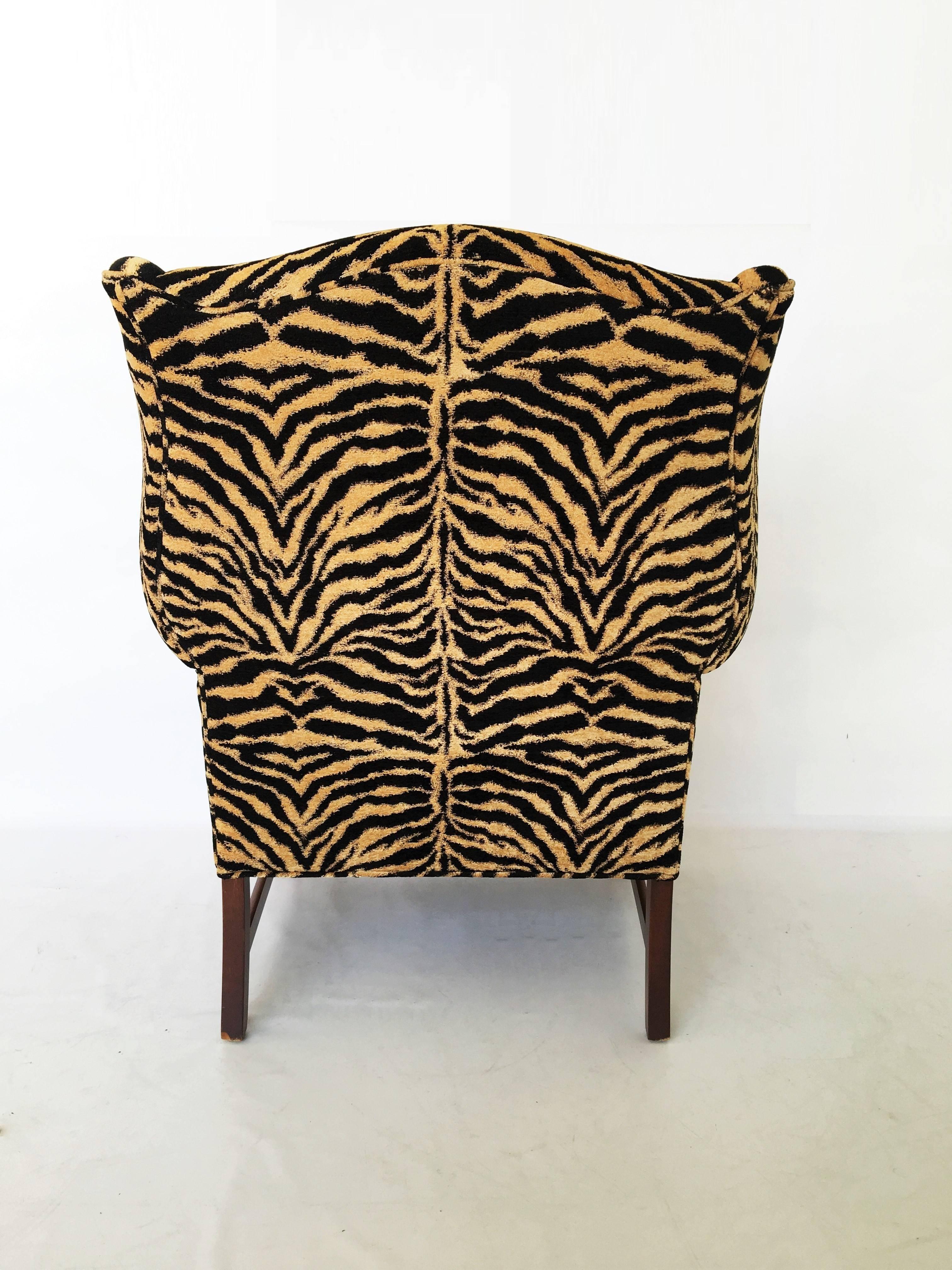Georgian Style Tiger Print Upholstered Wingback Chair For Sale 7