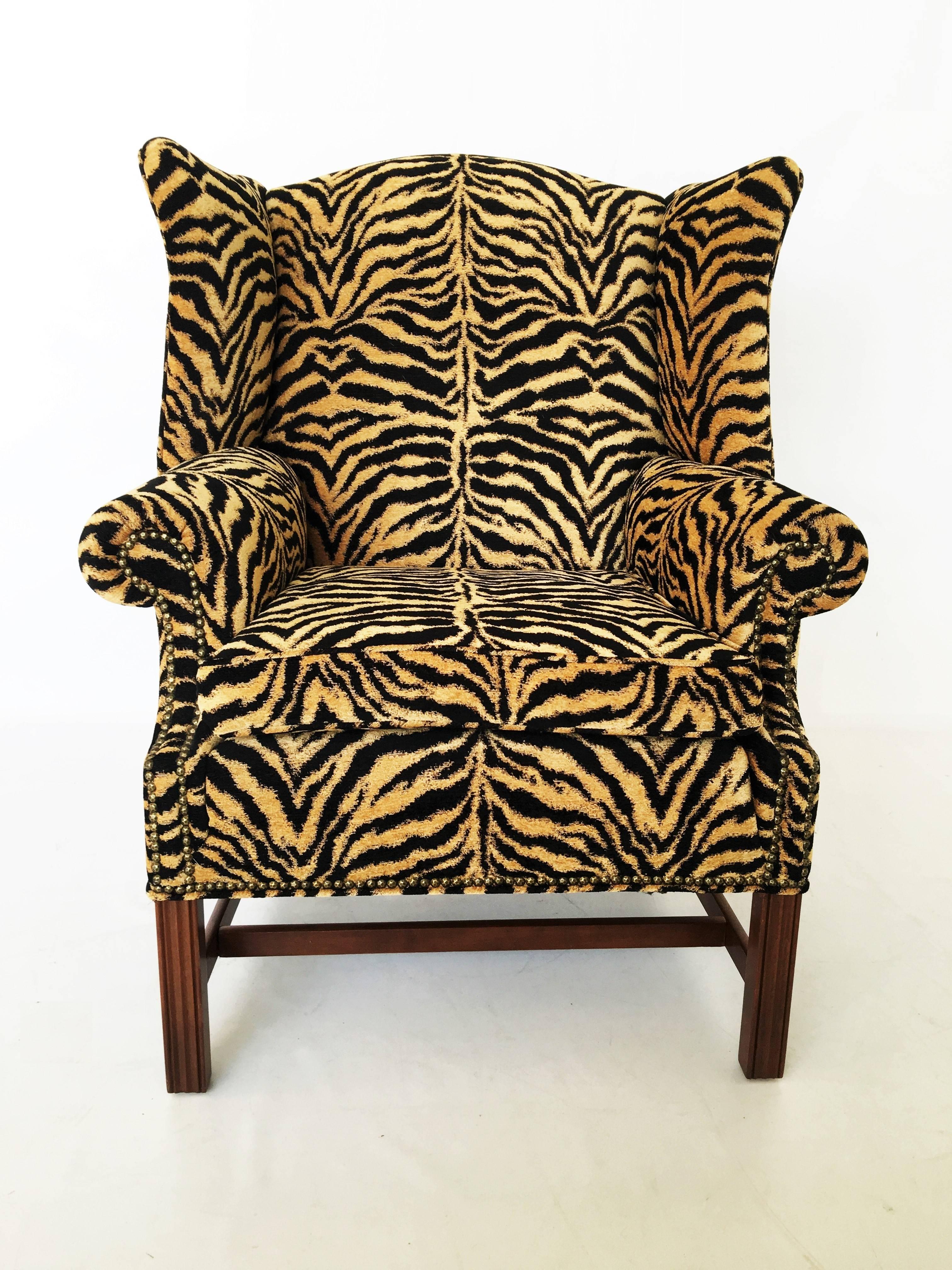 American Georgian Style Tiger Print Upholstered Wingback Chair For Sale