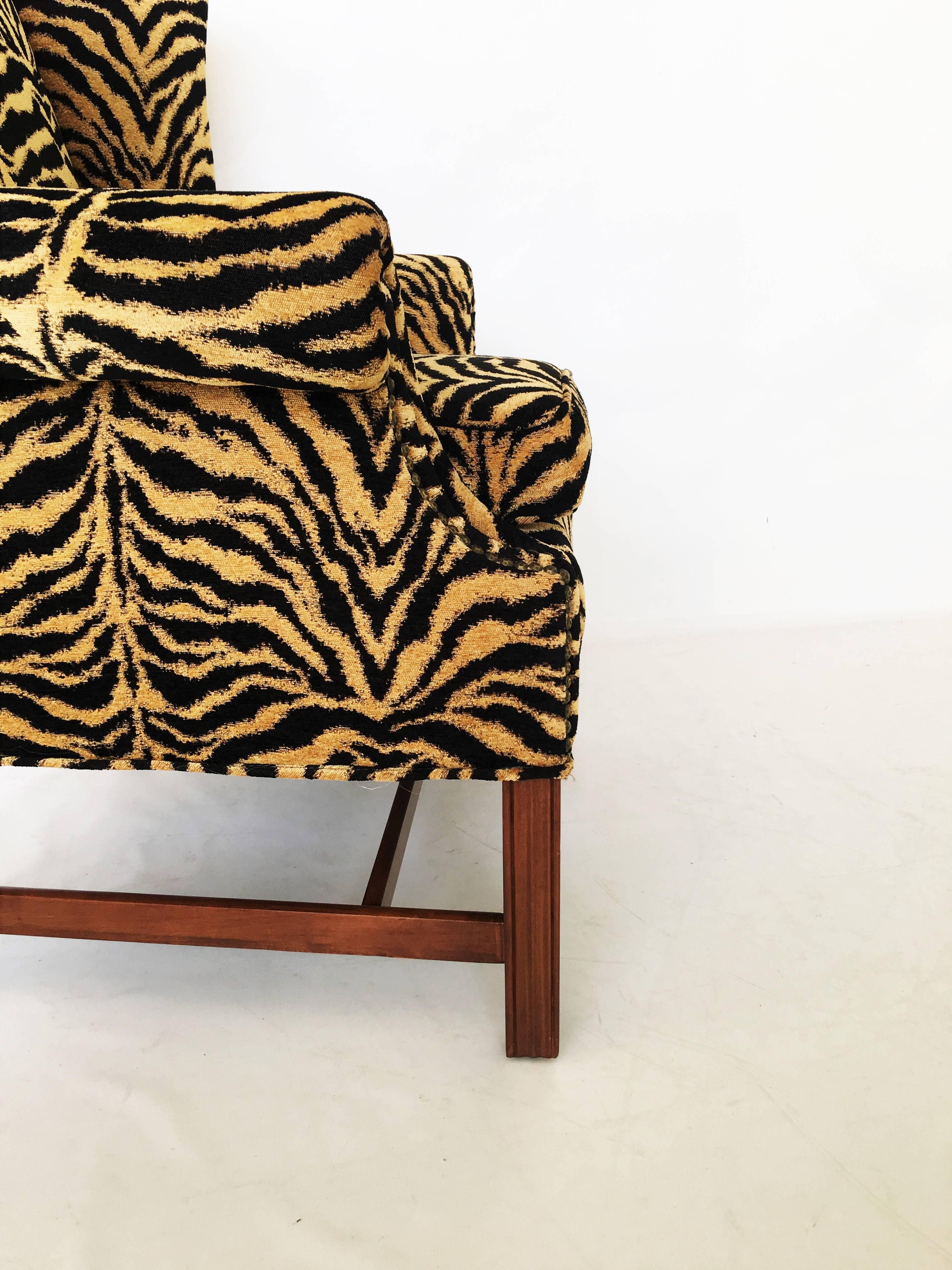 Georgian Style Tiger Print Upholstered Wingback Chair For Sale 1