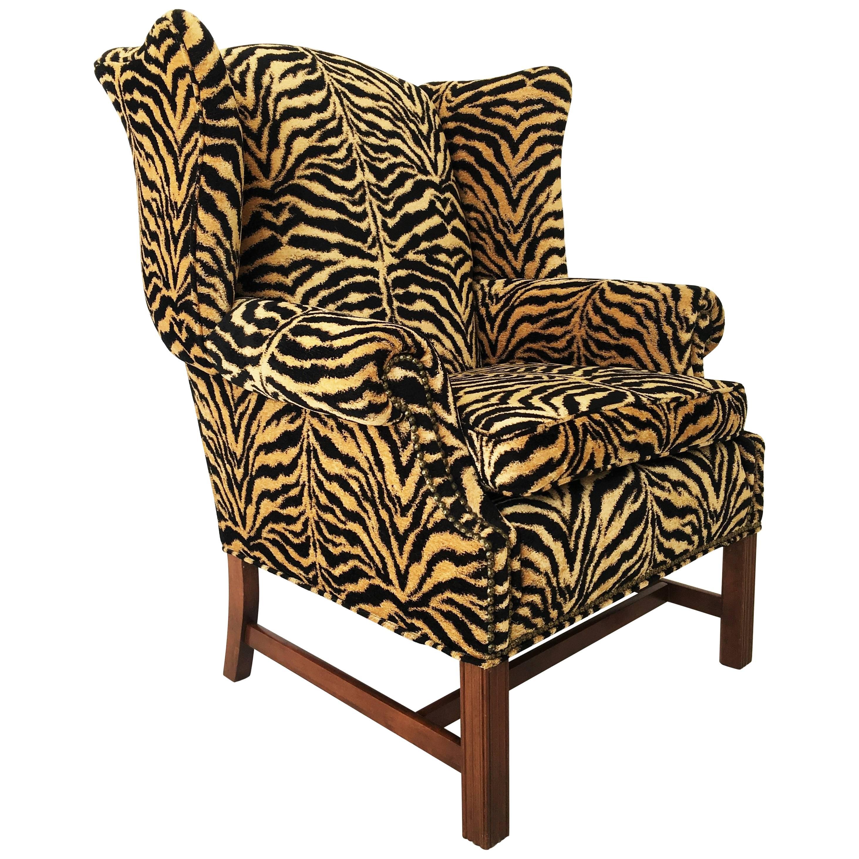 Georgian Style Tiger Print Upholstered Wingback Chair For Sale