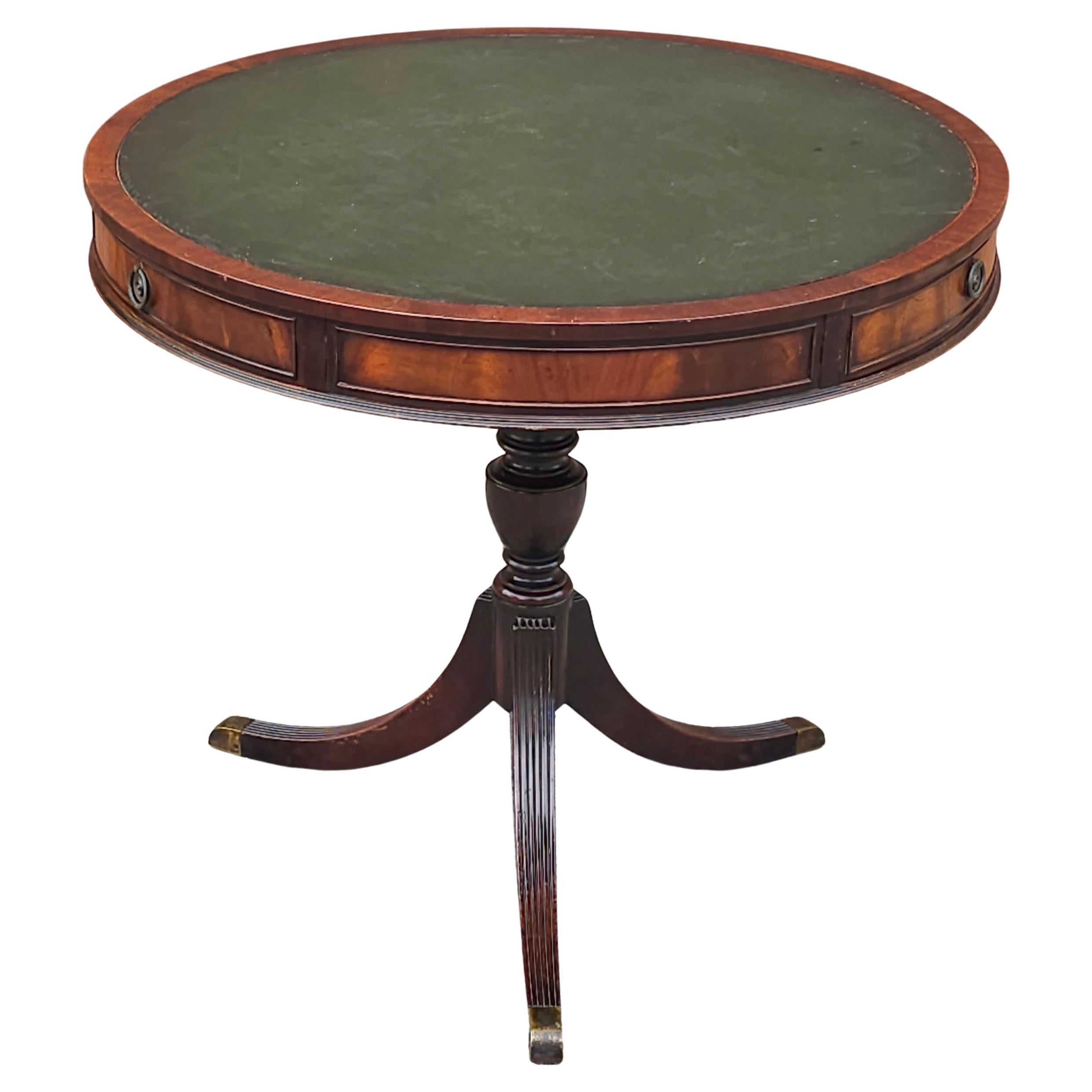 Georgian Style Tooled Leather Inset Mahogany Three-Drawer Center Table