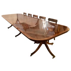 Georgian Style Triple Pedestal Dining Room Table. Flame Mahogany & Satinwood