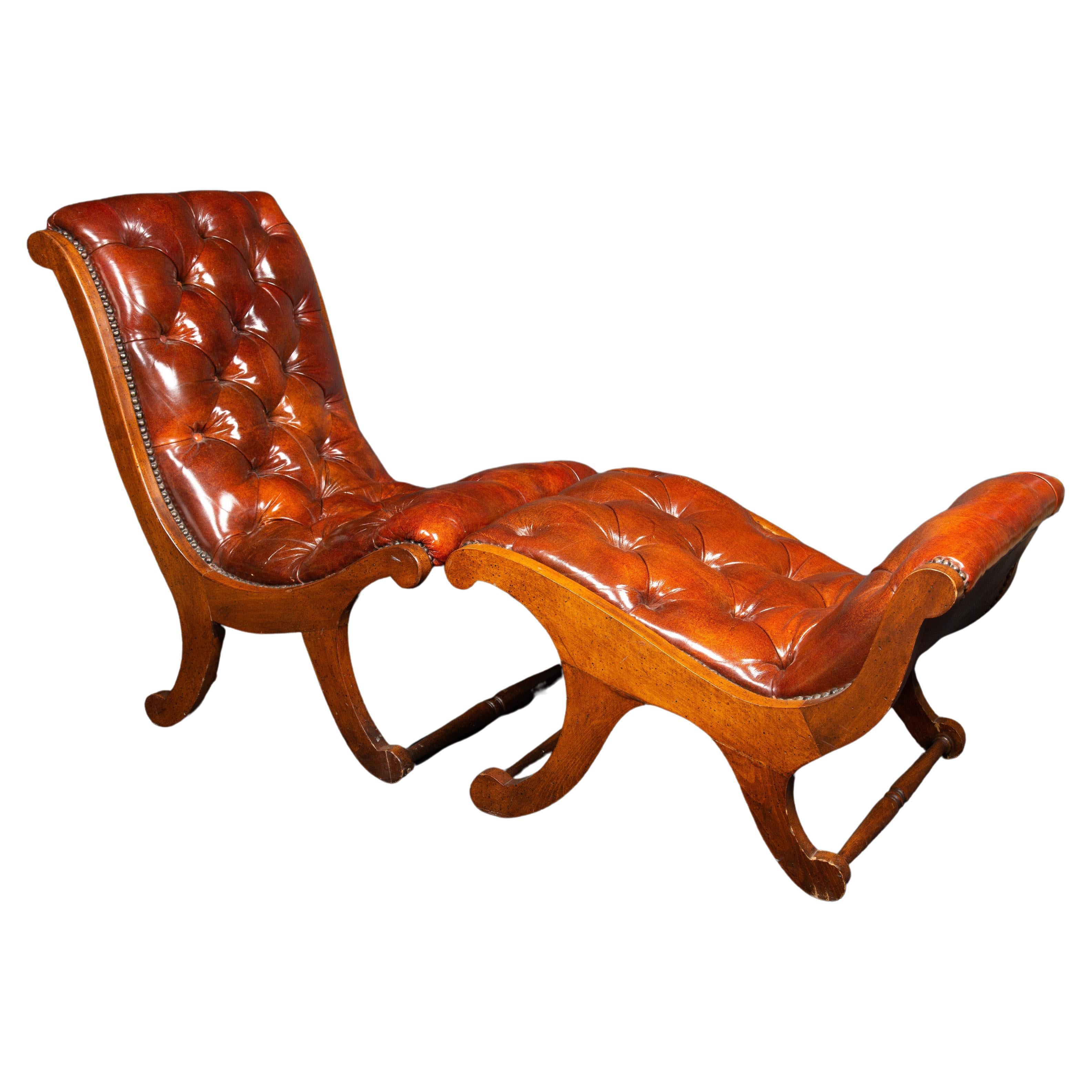 Georgian Style Tufted Leather Chair & Ottoman