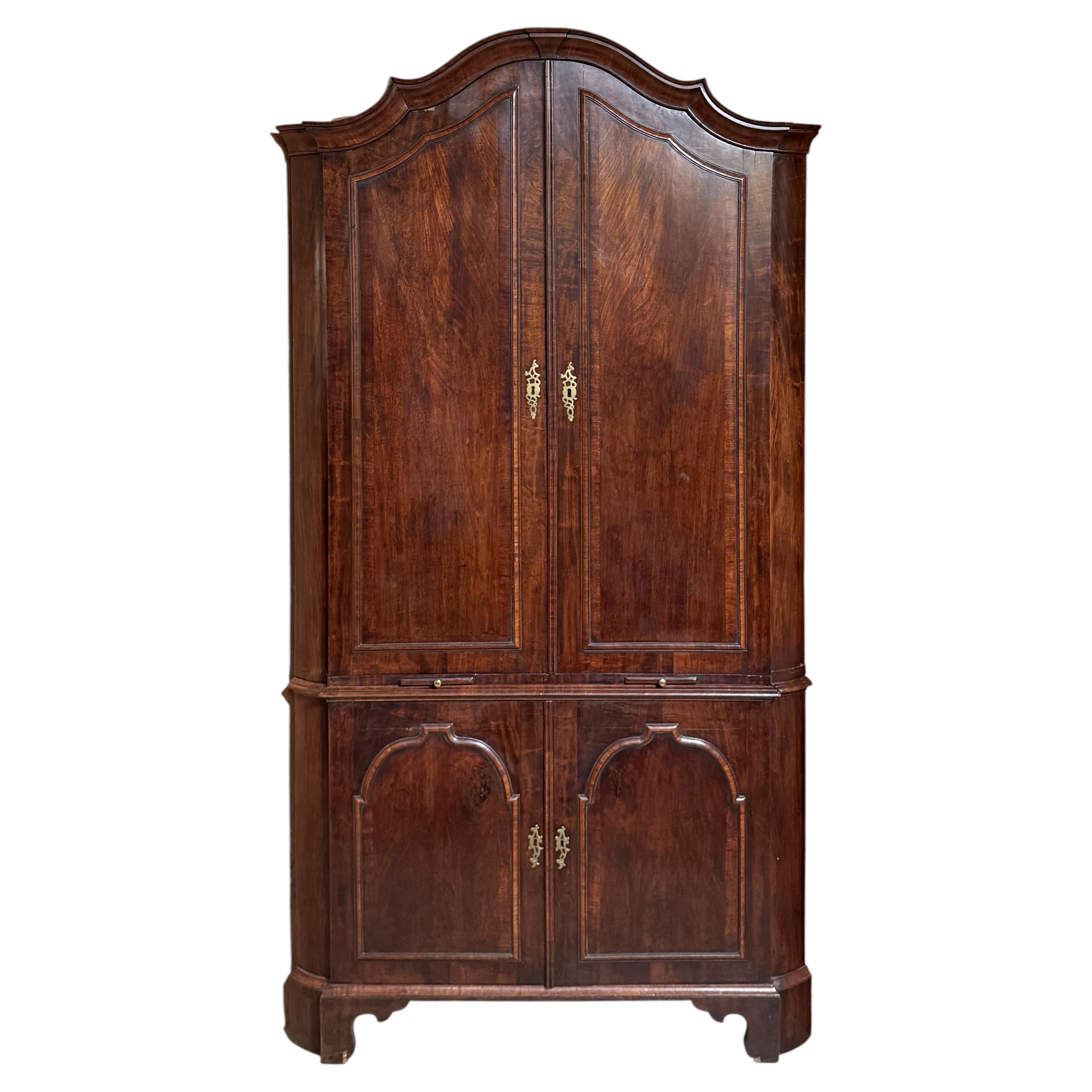Georgian Style Two Part Walnut Corner Cupboard For Sale