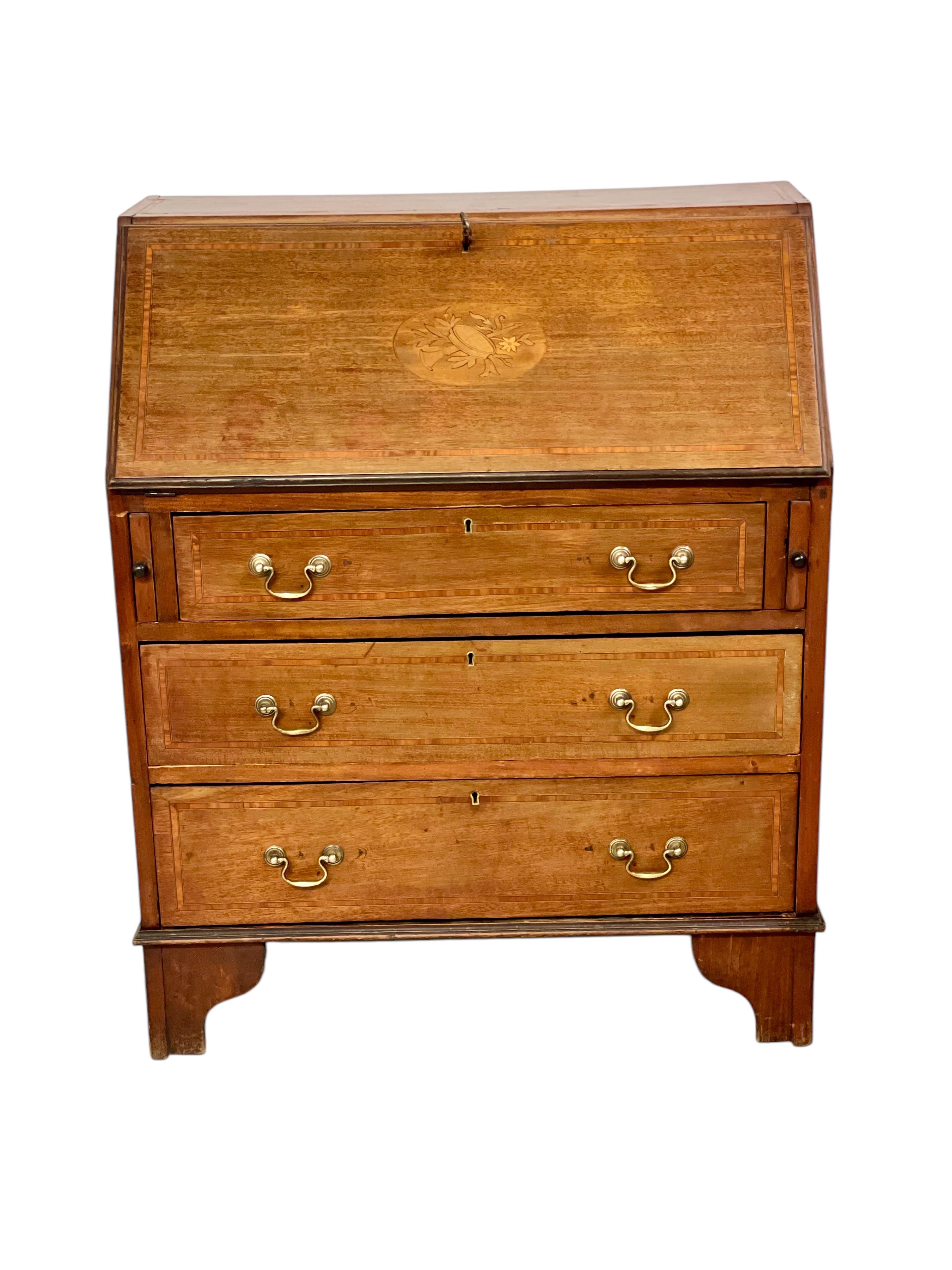 Georgian Style Walnut Fall-Front Bureau with Marquetry, Late 18th Century For Sale 8