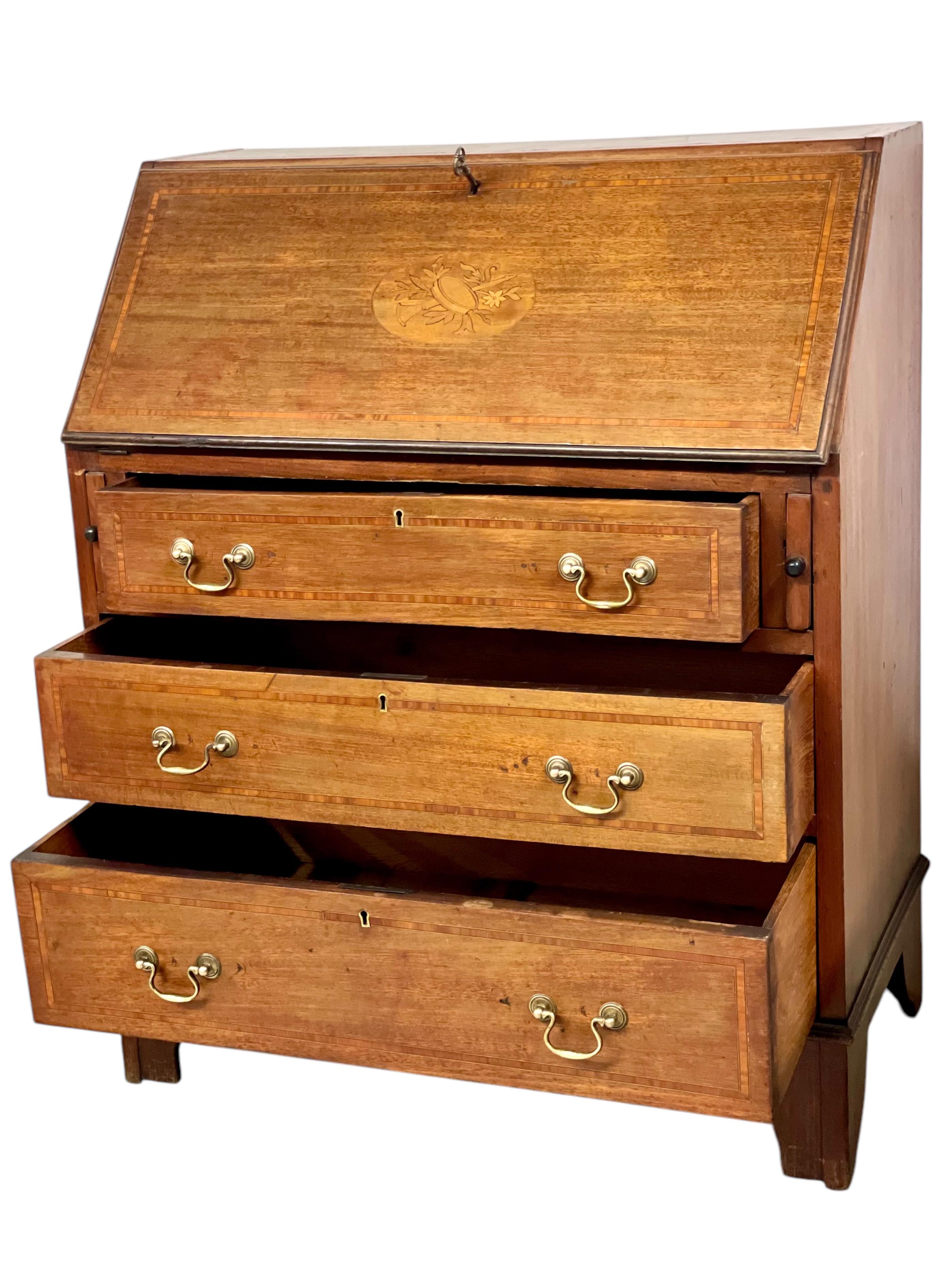 English Georgian Style Walnut Fall-Front Bureau with Marquetry, Late 18th Century For Sale