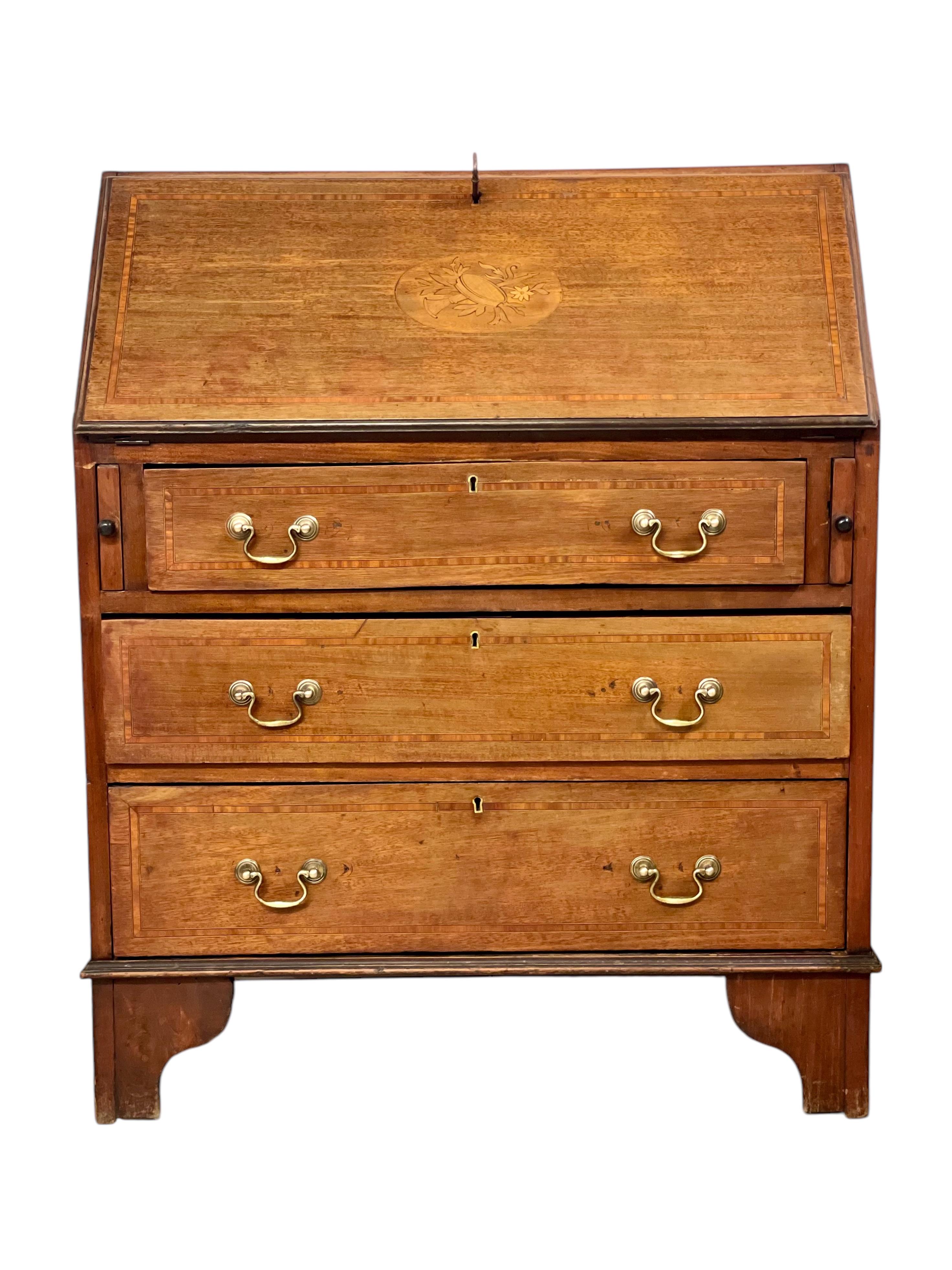 Hand-Crafted Georgian Style Walnut Fall-Front Bureau with Marquetry, Late 18th Century For Sale