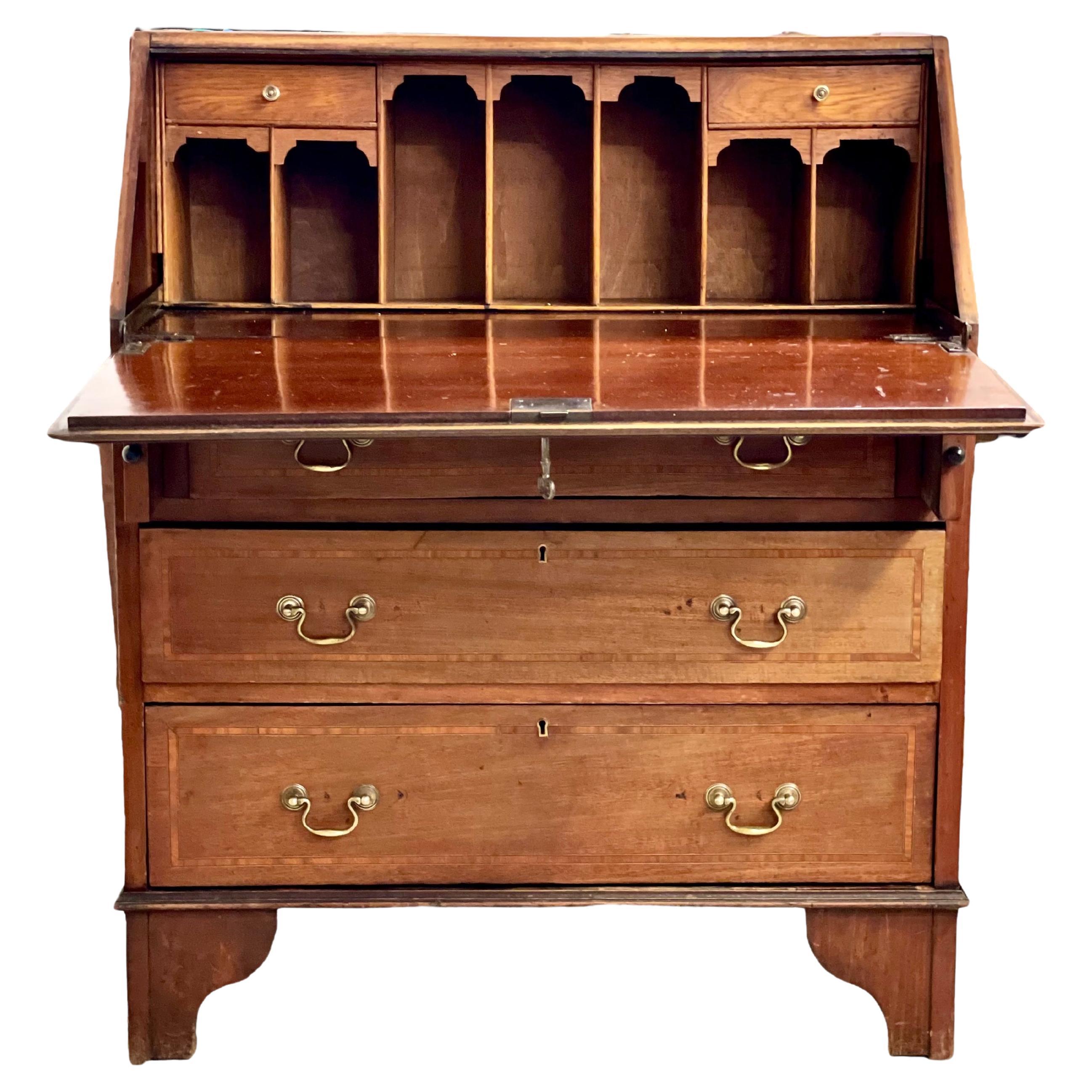 Georgian Style Walnut Fall-Front Bureau with Marquetry, Late 18th Century