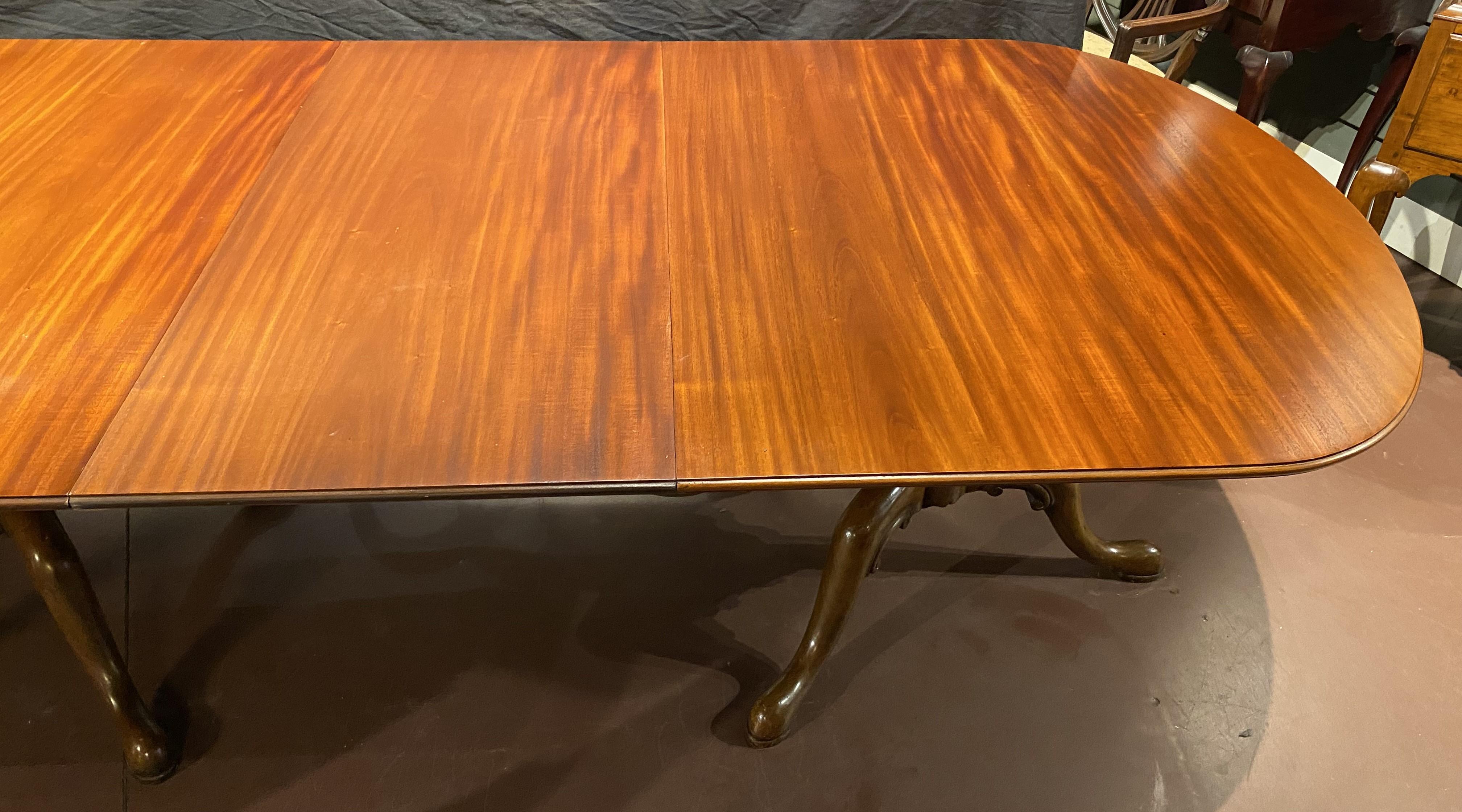 Hand-Carved Georgian Style Walnut or Mahogany Triple Pedestal Dining Table with Two Leaves